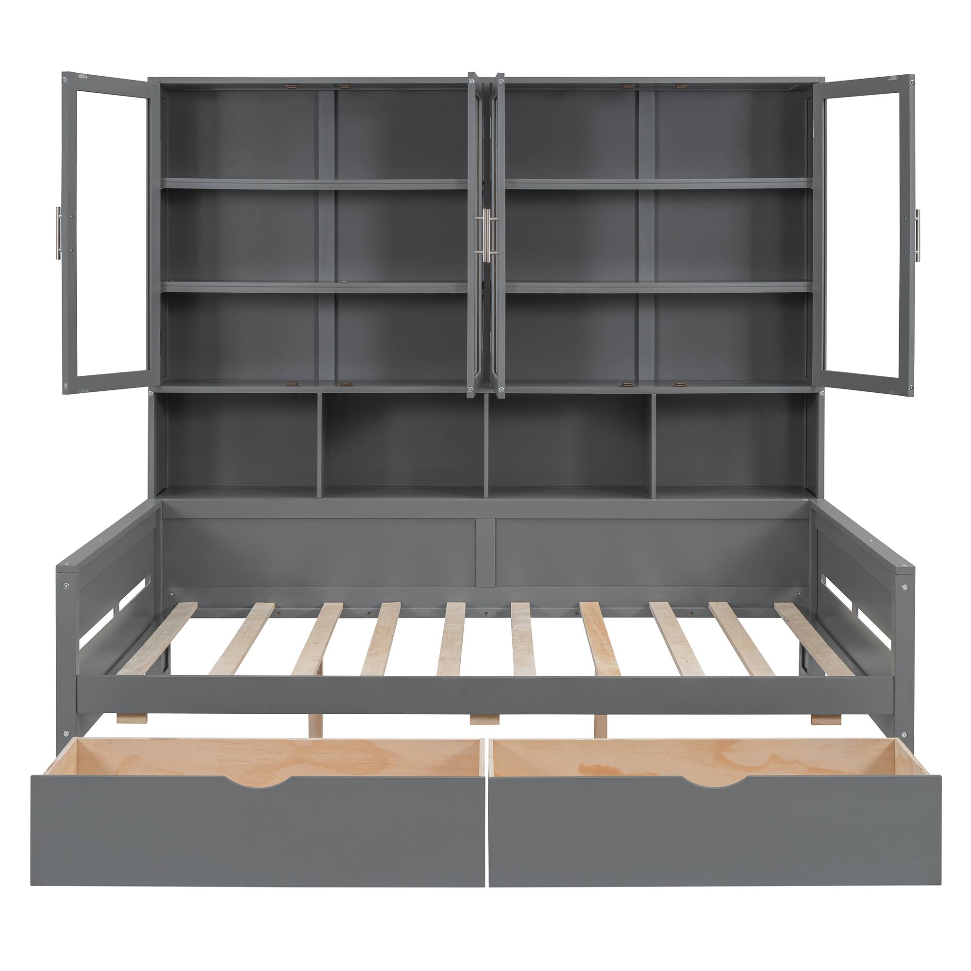 Alt View 4. Tiramisubest - Full Size Wooden Daybed with Glass-Door Storage Cabinets, Built-in LED Lighting and Shelves, Gray - Gray.