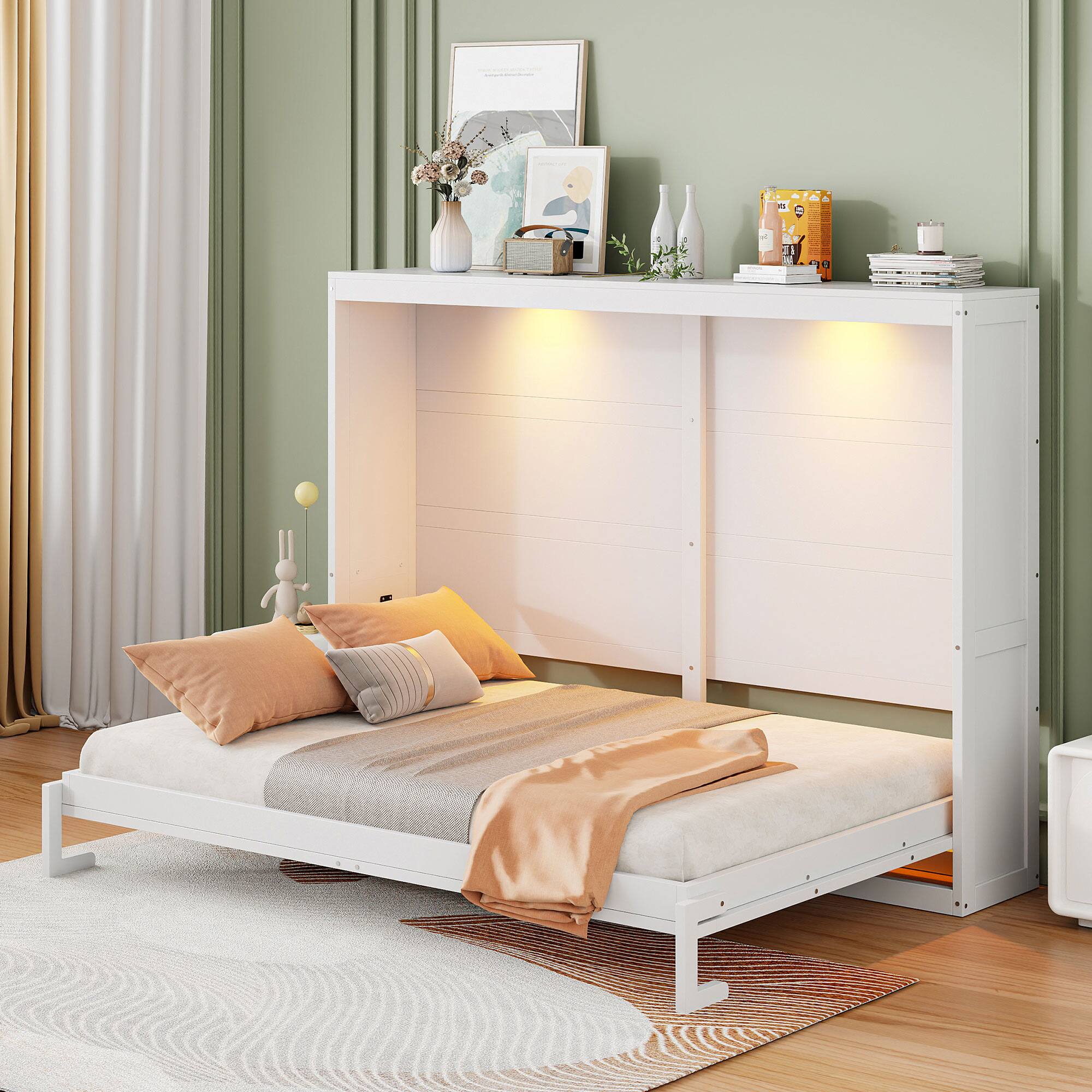 Angle. Tiramisubest - Queen Size Murphy Bed with LED Lights, White, Plywood, Space-Saving - White.