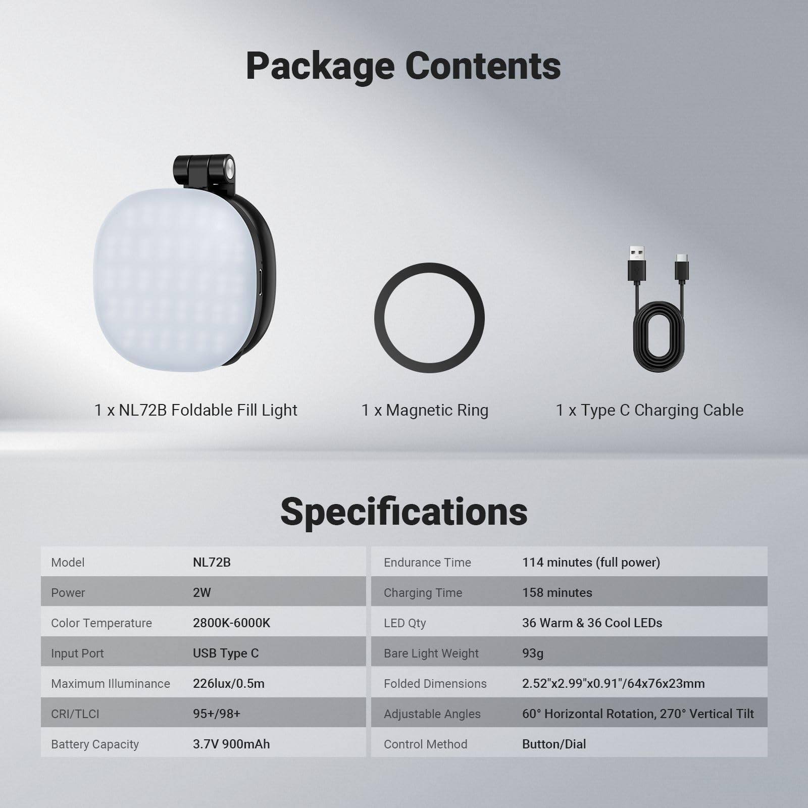 Package Contents  
1 x NL72B Foldable Fill Light  
1 x Magnetic Ring  
1 x Type C Charging Cable  

Model Specifications  
NL72B  

Endurance Time: 114 minutes (full power)  
Power: 2W  
Charging Time: 158 minutes  
Color Temperature: 2800K-6000K  
LED Qty: 36 Warm & 36 Cool LEDs  
Input Port: USB Type C  
Maximum Illuminance: 226lux/0.5m  
CRI/TLCI: 95+/98+  
Battery Capacity: 3.7V 900mAh  
Bare Light Weight: 93g  
Folded Dimensions: 2.52"x2.99"x0.91"/64x76x23mm  
Adjustable Angles: 60° Horizontal Rotation, 270° Vertical Tilt  
Control Method: Button/Dial
