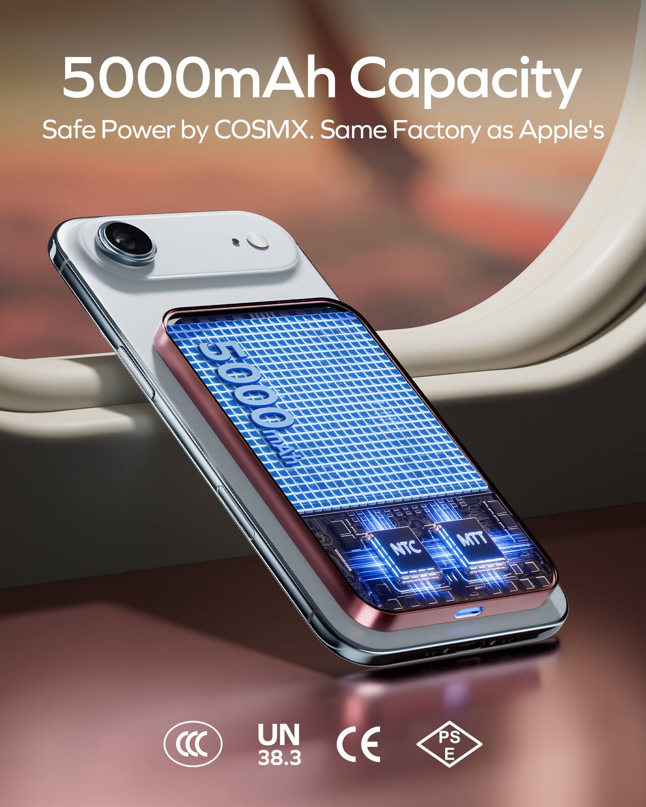 5000mAh Capacity  
Safe Power by COSMX. Same Factory as Apple's  

5000mAh  
NTC  
MTT  

UN 38.3  
CE  
PS E