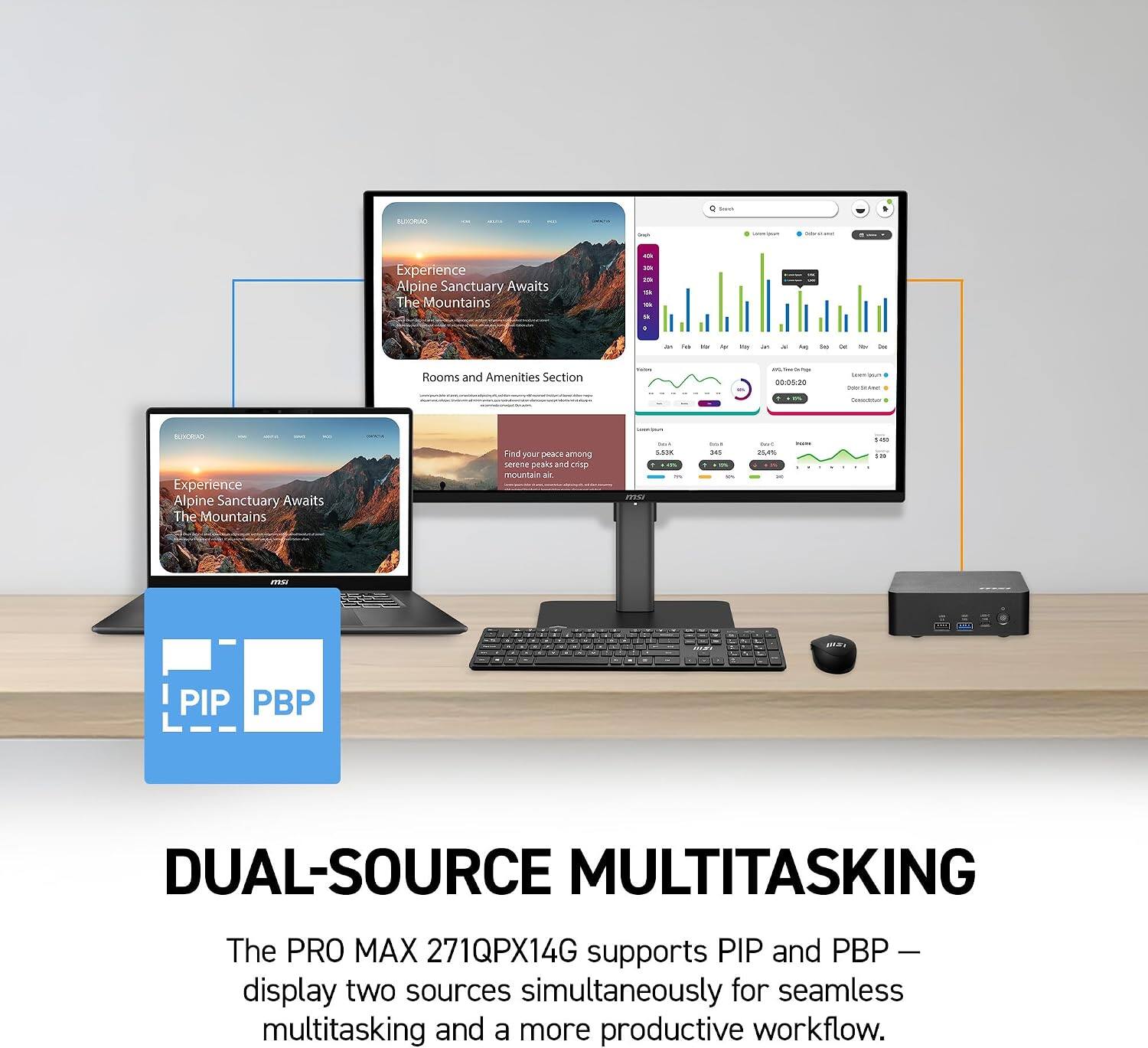 BUXORIAO

Experience Alpine Sanctuary Awaits The Mountains

Rooms and Amenities Section

Experience Alpine Sanctuary Awaits The Mountains

Find your peace among serene peaks and crisp mountain air

The PRO MAX 271QPX14G supports PIP and PBP – display two sources simultaneously for seamless multitasking and a more productive workflow.