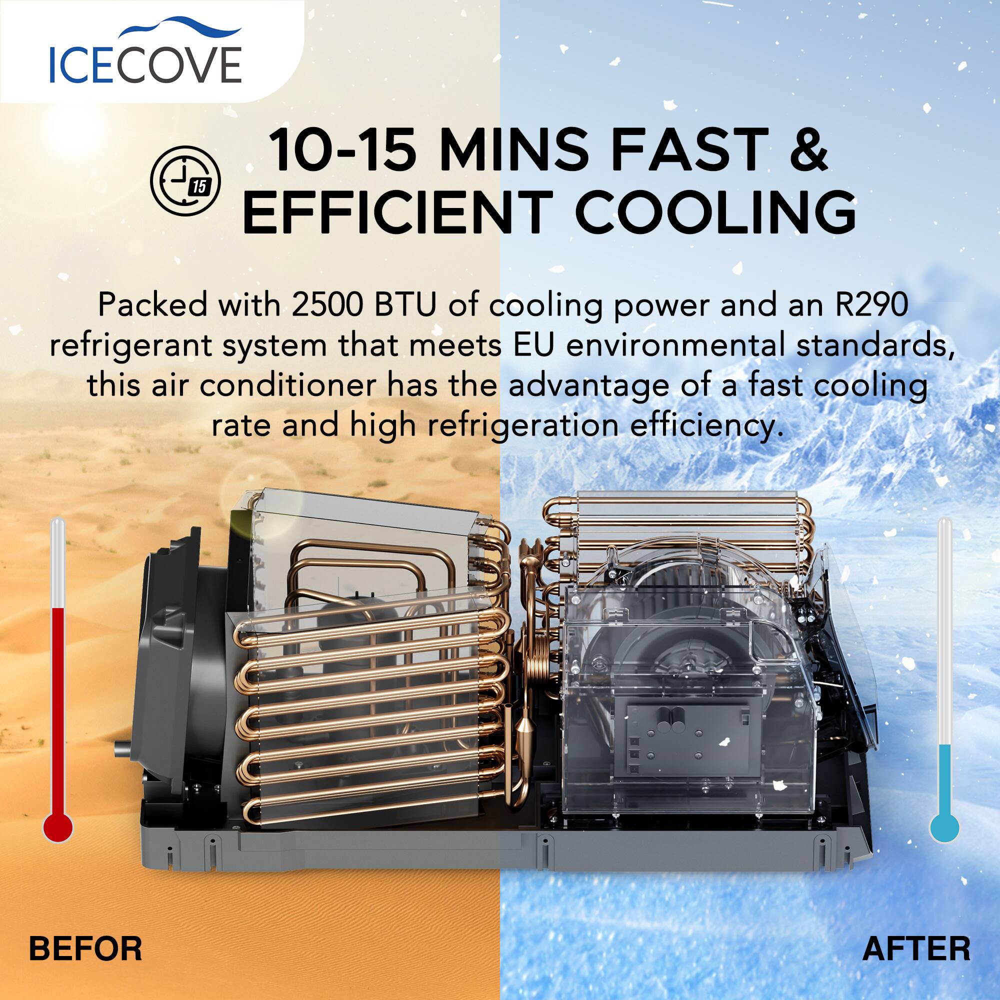 ICECOVE

10-15 MINS FAST & EFFICIENT COOLING

Packed with 2500 BTU of cooling power and an R290 refrigerant system that meets EU environmental standards, this air conditioner has the advantage of a fast cooling rate and high refrigeration efficiency.

BEFORE

AFTER