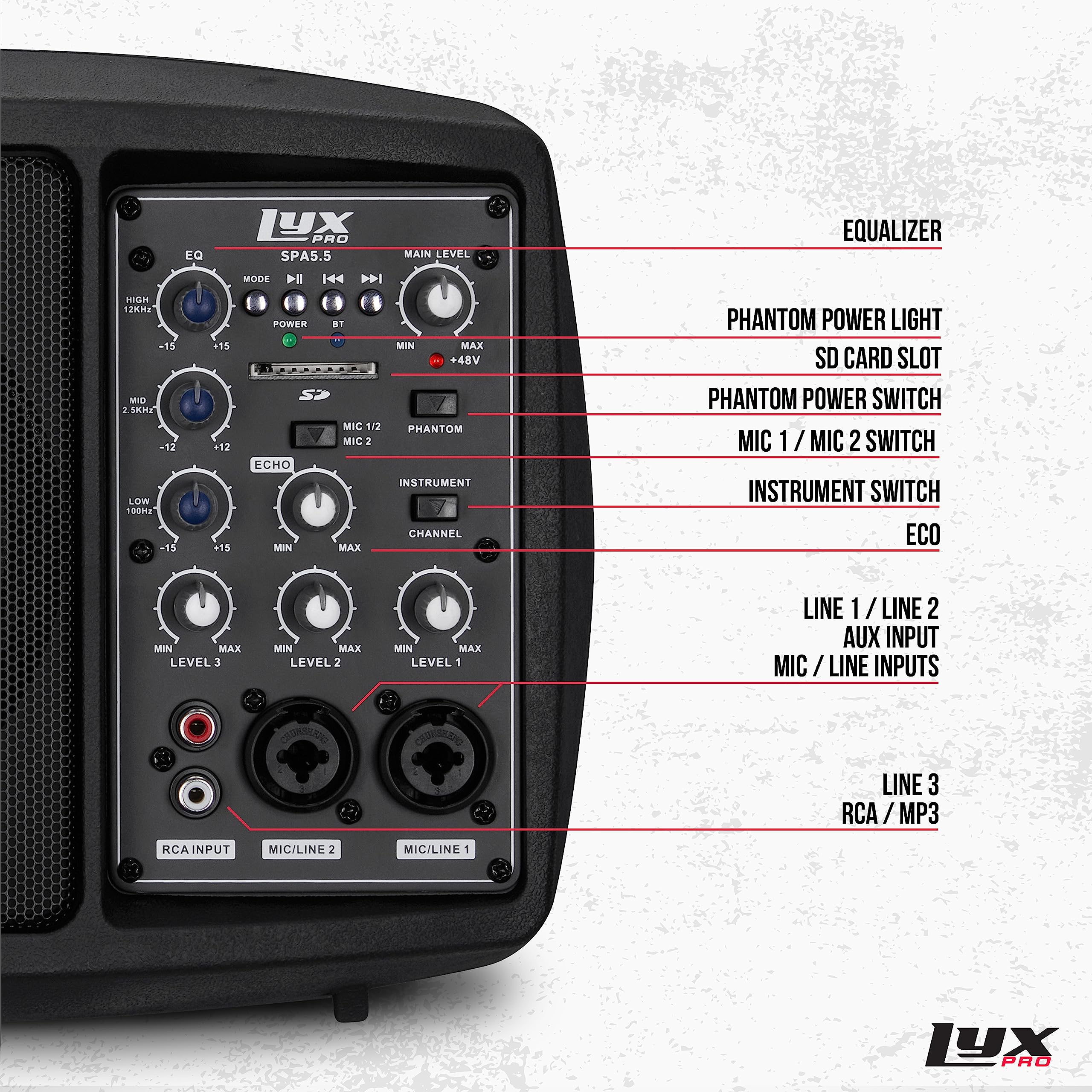 EQ LYX PRO SPA5.5 MAIN LEVEL EQUALIZER MODE

HIGH 12KHz -15 15
MID 2.5KHz -12 12
LOW 100Hz -15 15

POWER BT
MIN MAX
+48V SP

MIC 1 / MIC 2
ECHO
INSTRUMENT
CHANNEL

PHANTOM POWER LIGHT
SD CARD SLOT
PHANTOM POWER SWITCH
MIC 1 / MIC 2 SWITCH
INSTRUMENT SWITCH
ECO

MIN MAX
LEVEL 3
MIN MAX
LEVEL 2
MIN MAX
LEVEL 1

LINE 1 / LINE 2 AUX INPUT
MIC / LINE INPUTS
LINE 3 RCA / MP3
RCA INPUT
MIC/LINE 2
MIC/LINE 1
LYX PRO