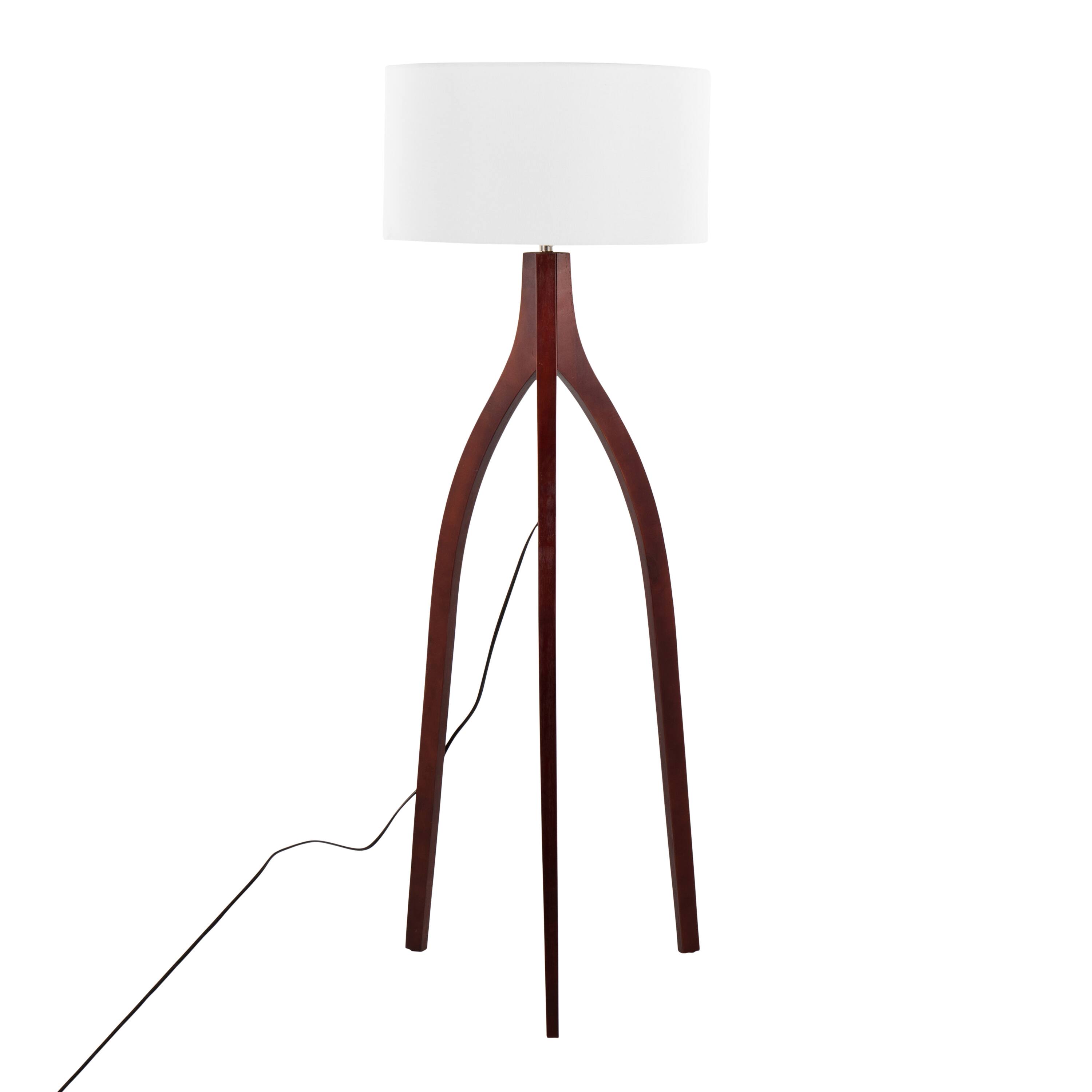 Left. Loheer - Loheer Wishbone Contemporary Floor Lamp Walnut Wood White Fabric Shade Mid Century Modern Standing Light for Living Room - Walnut.
