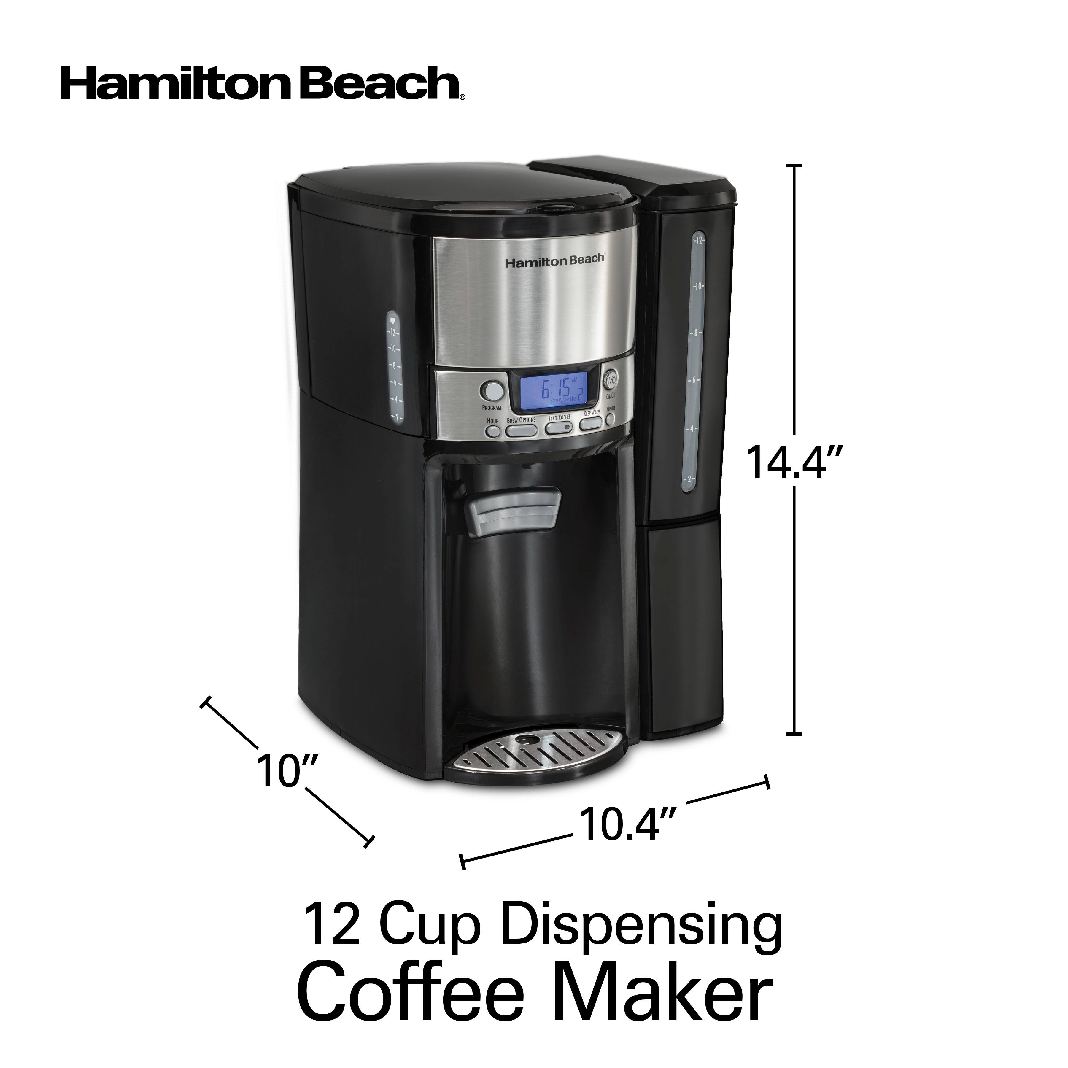 Hamilton Beach

12 Cup Dispensing Coffee Maker

Dimensions:
- Height: 14.4"
- Width: 10.4"
- Depth: 10"