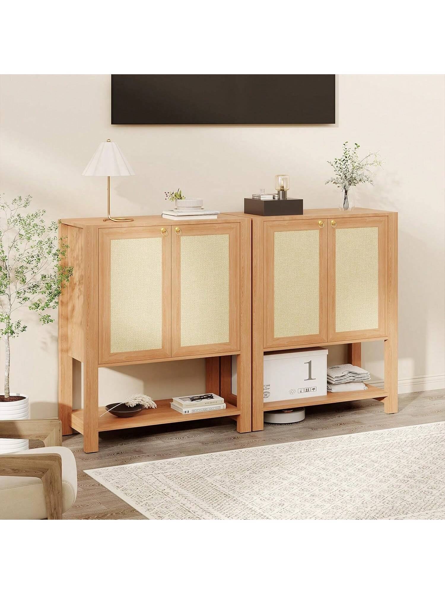 Alt View 2. GARVEE - Rattan Shoe Cabinet For Entryway Farmhouse Boho 5 Tier Shoe Rack Freestanding Wood Storage Cabinet - Dark Oak.