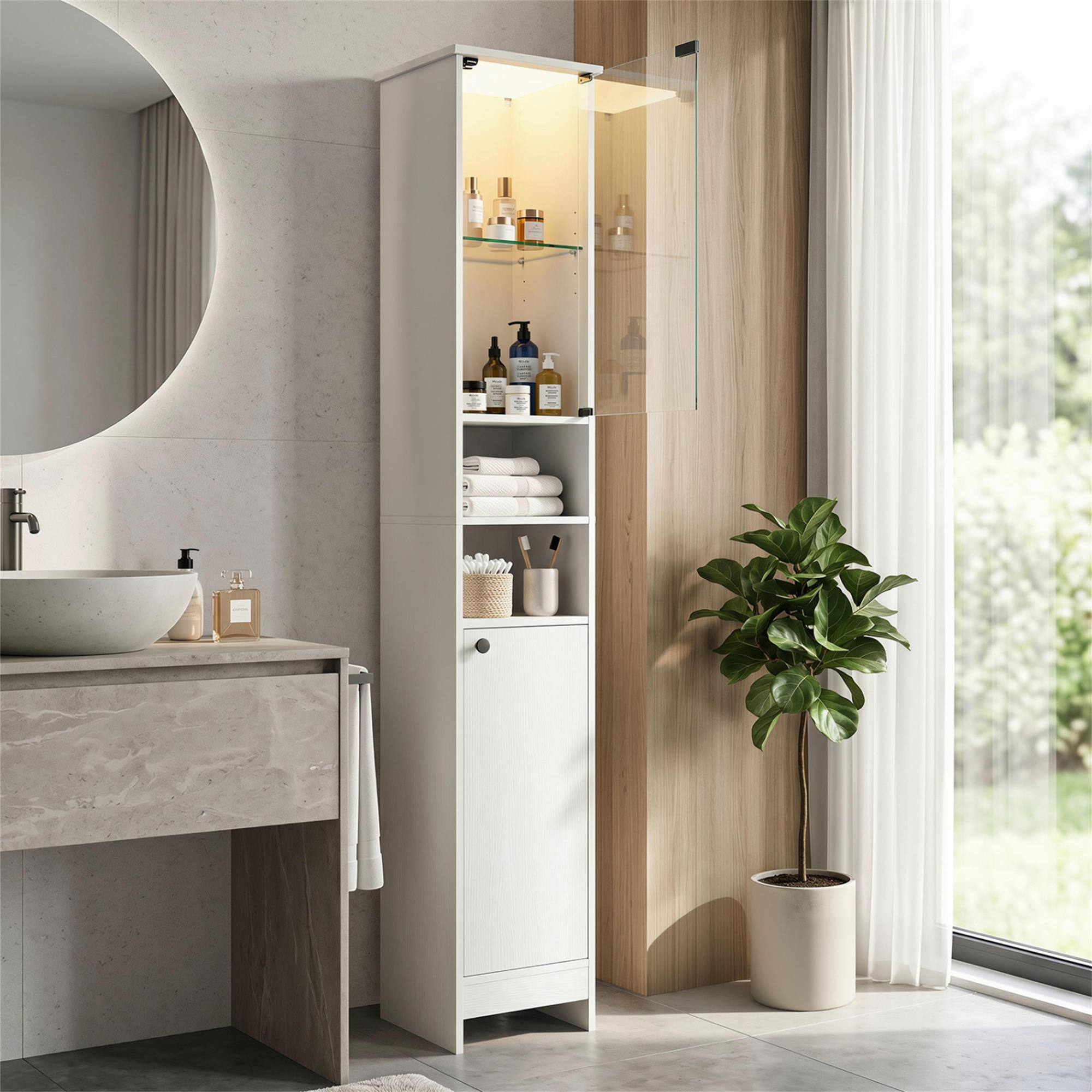 Alt View 1. Boyel Living - White Tall Bathroom Storage Cabinet with LED Lights and Adjustable Shelves - White.