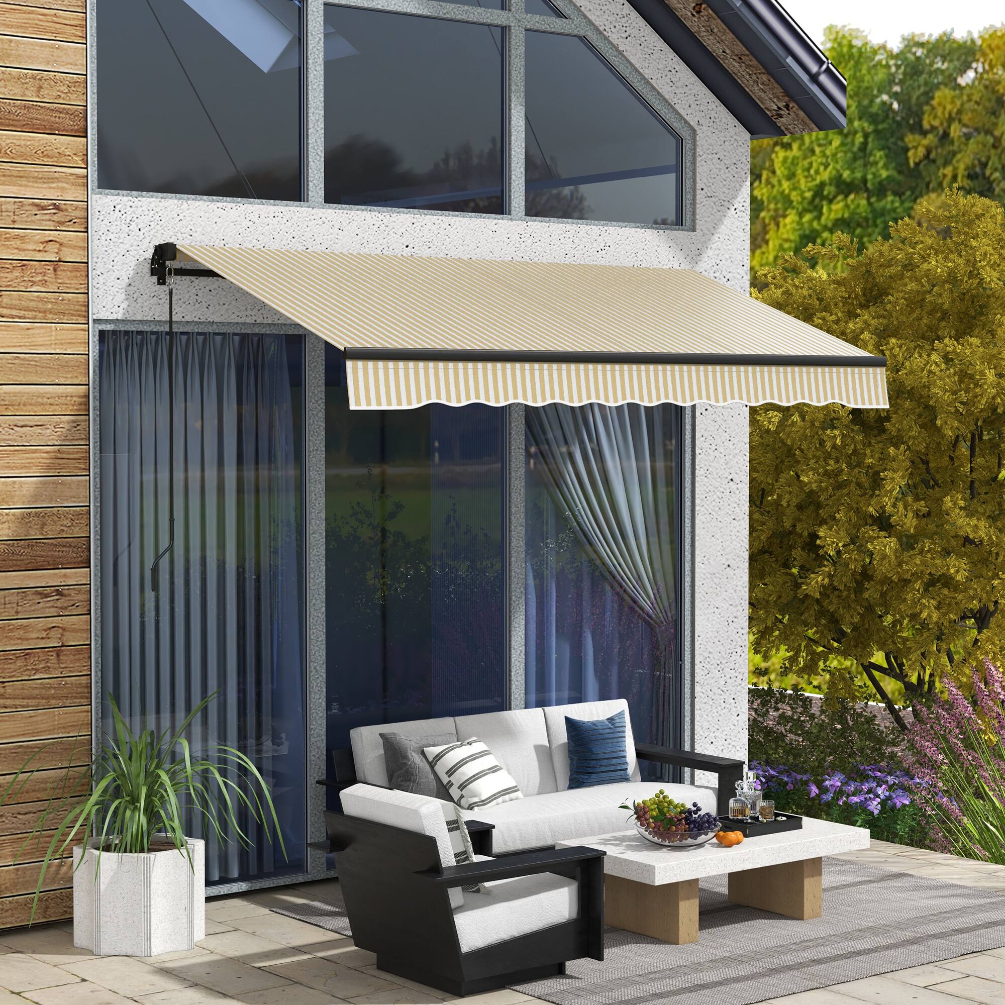 Alt View 1. Outsunny - 10' x 8' Retractable Awning, Patio Awning Sunshade Shelter with Manual Crank Handle, 280gsm UV Resistant Fabric - Beige and White.