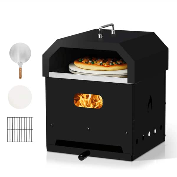 COWLOWN - 12-Inch Automatic Rotating Pizza Oven with Foldable Legs Built-in Thermometer Portable Carbon Grill - Black