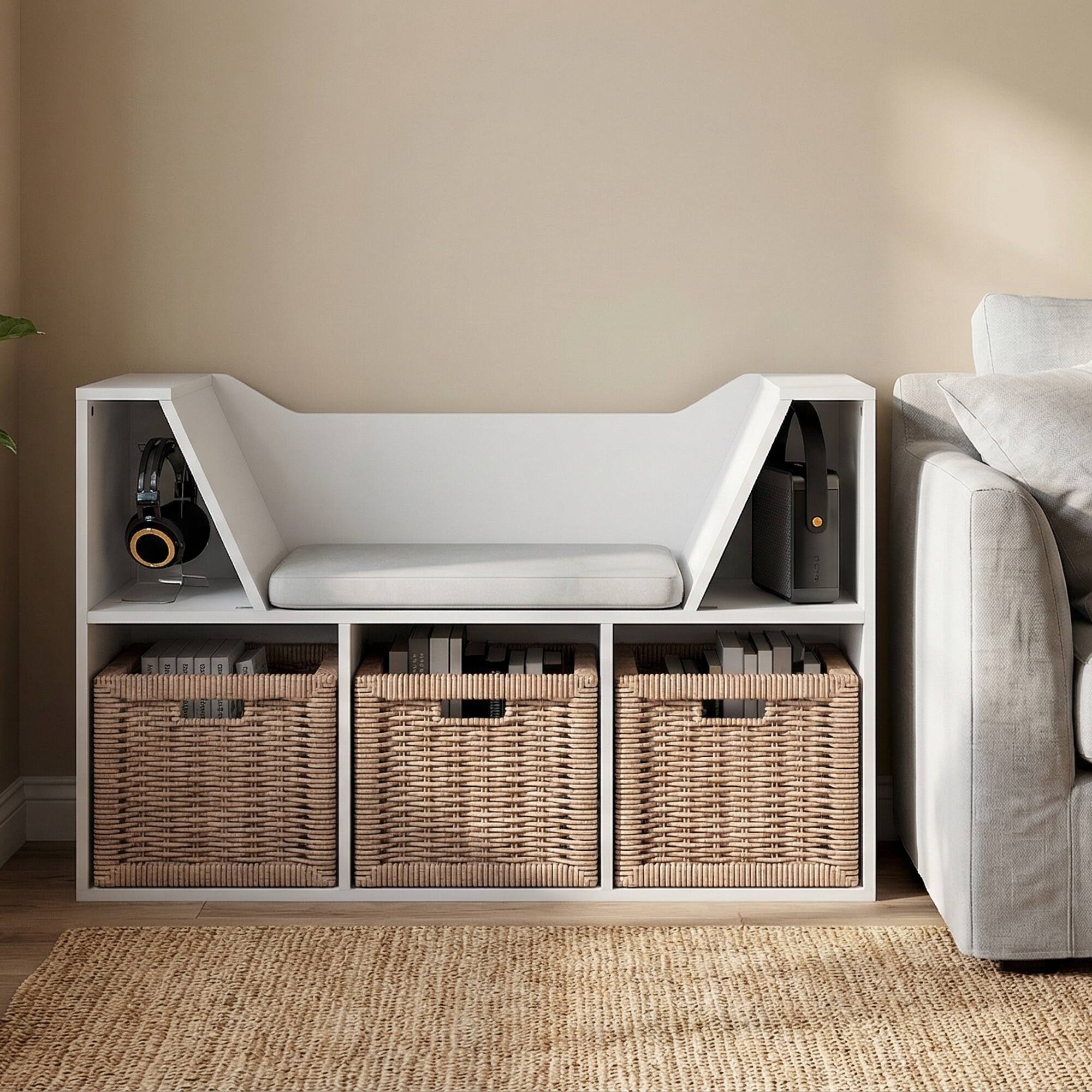 Alt View 2. Furinno - LOVA Kids Book Shelf, 5-Cube Bookshelf with Seat Cushion, Kids Reading Nook Toy Organizers and Storage with Bench - White.
