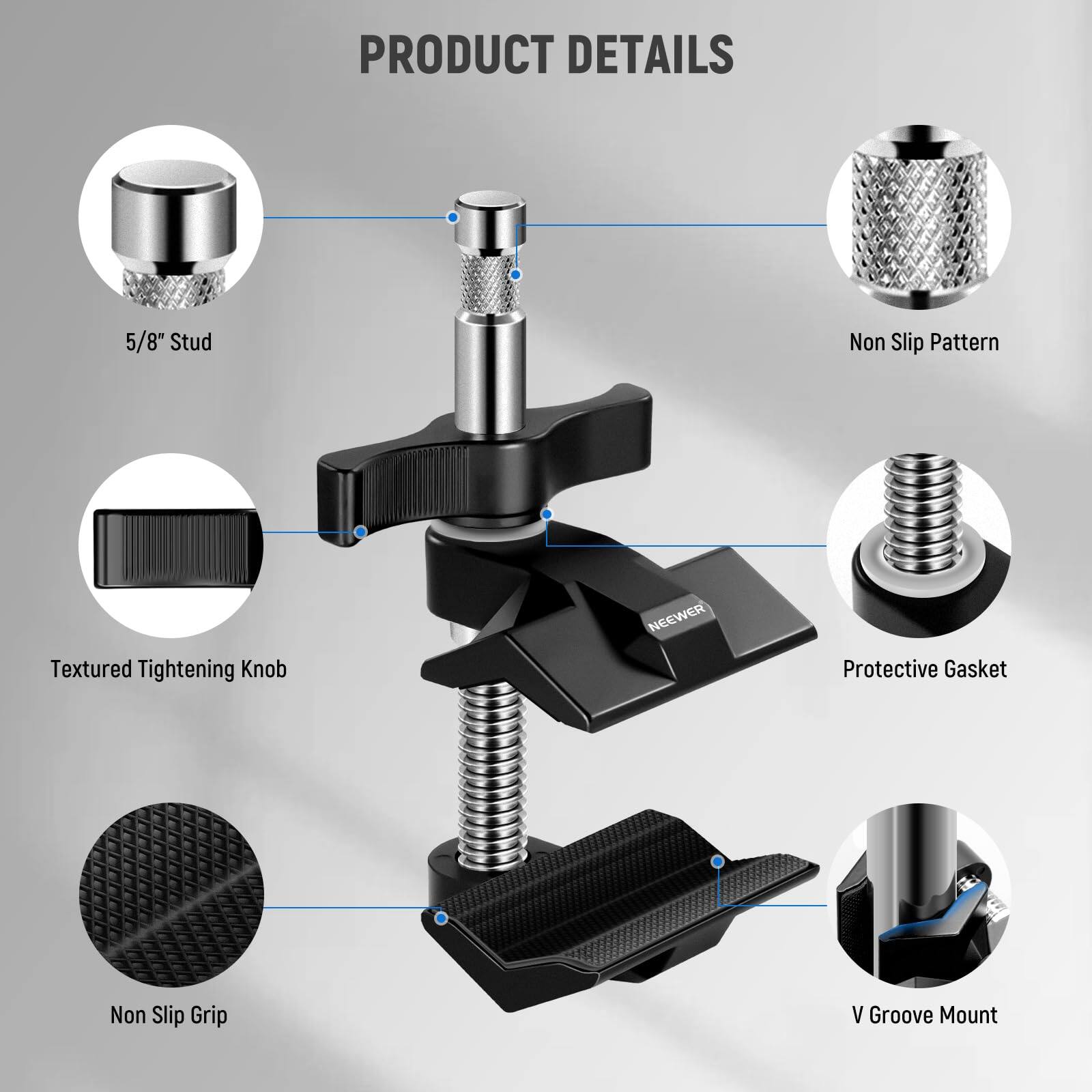 PRODUCT DETAILS

- 5/8" Stud
- Non Slip Pattern
- Textured Tightening Knob
- Protective Gasket
- Non Slip Grip
- V Groove Mount