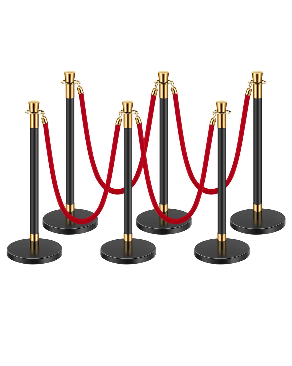 VEVOR - Stanchions and Velvet Ropes, 6 Pcs Crowd Control Barriers with 4 Red Velvet Ropes, Stainless Steel Stanchion Post Queue - Black red velvet