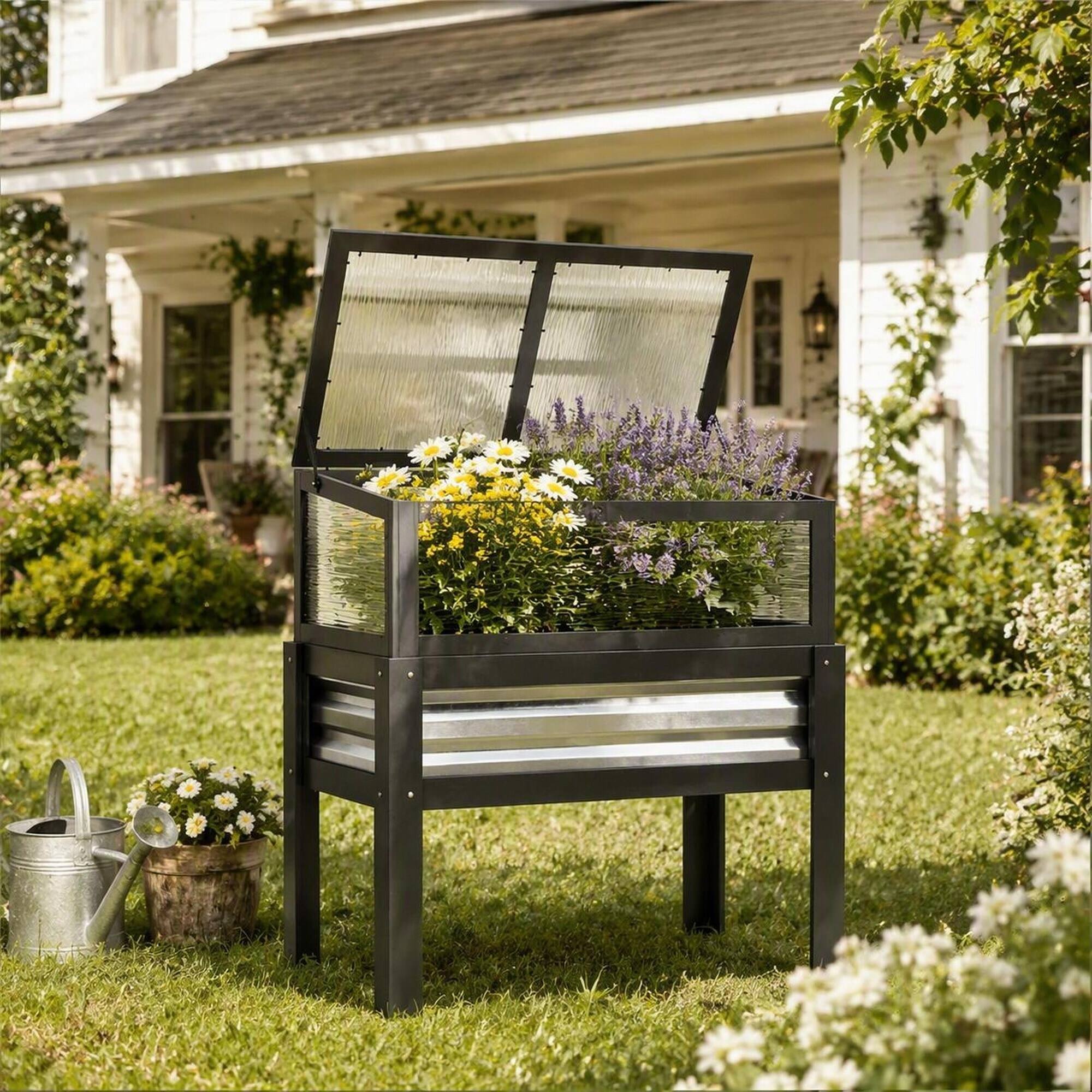 Angle. RYHNUYNE - Raised Garden Bed with Flip-Up Cold Frame, Gray Fir Wood Elevated Planter Box for Patio and Yard, 35.4 Inch Wide - Gray.
