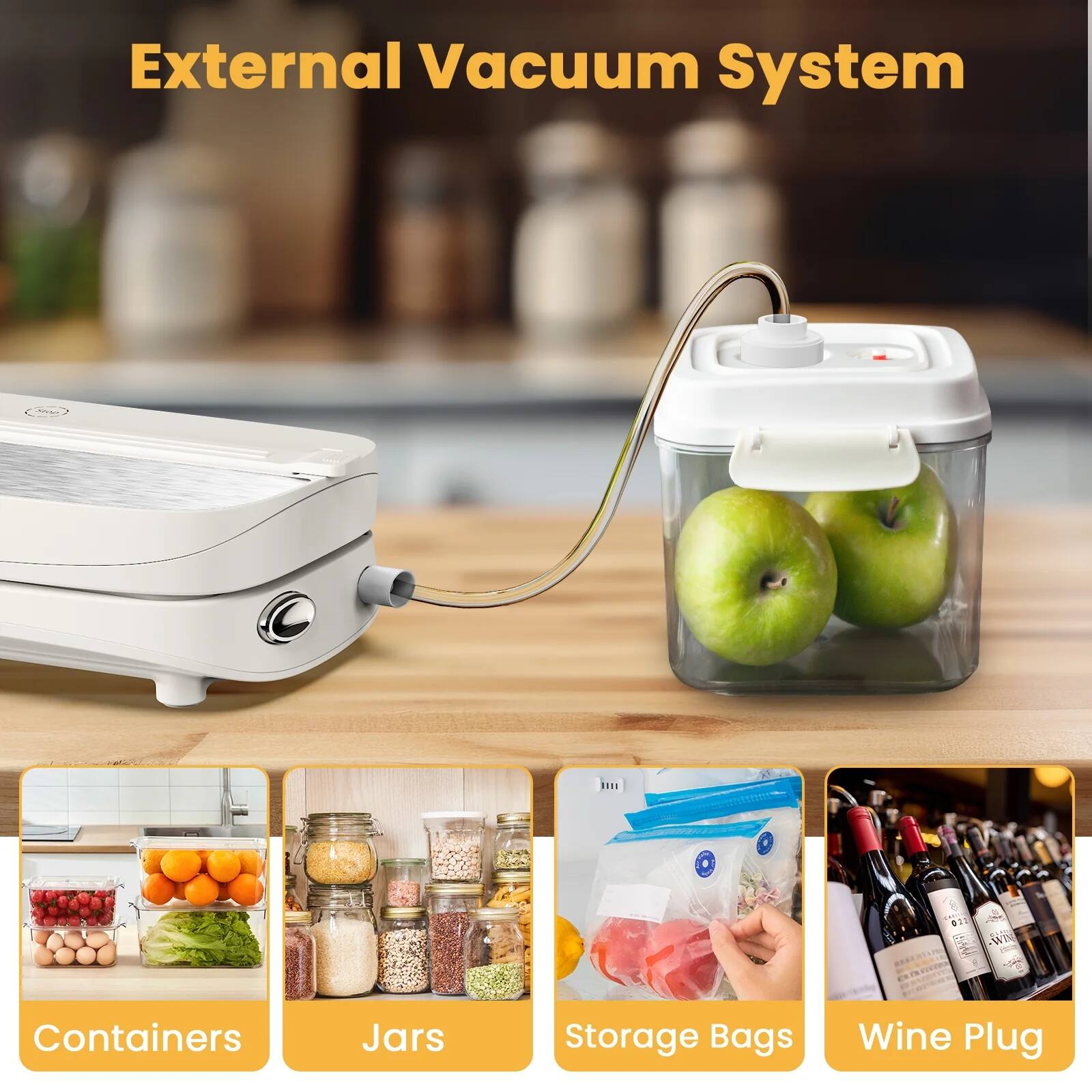 External Vacuum System

Containers  
Jars  
Storage Bags  
Wine Plug