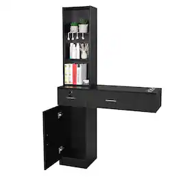 Winado - Wall Mount Hair Salon Beauty Salon Stations with Storage Cabinet , Lockable Drawers, Hair Dryer Holders, 3 Tier Shelf - Black