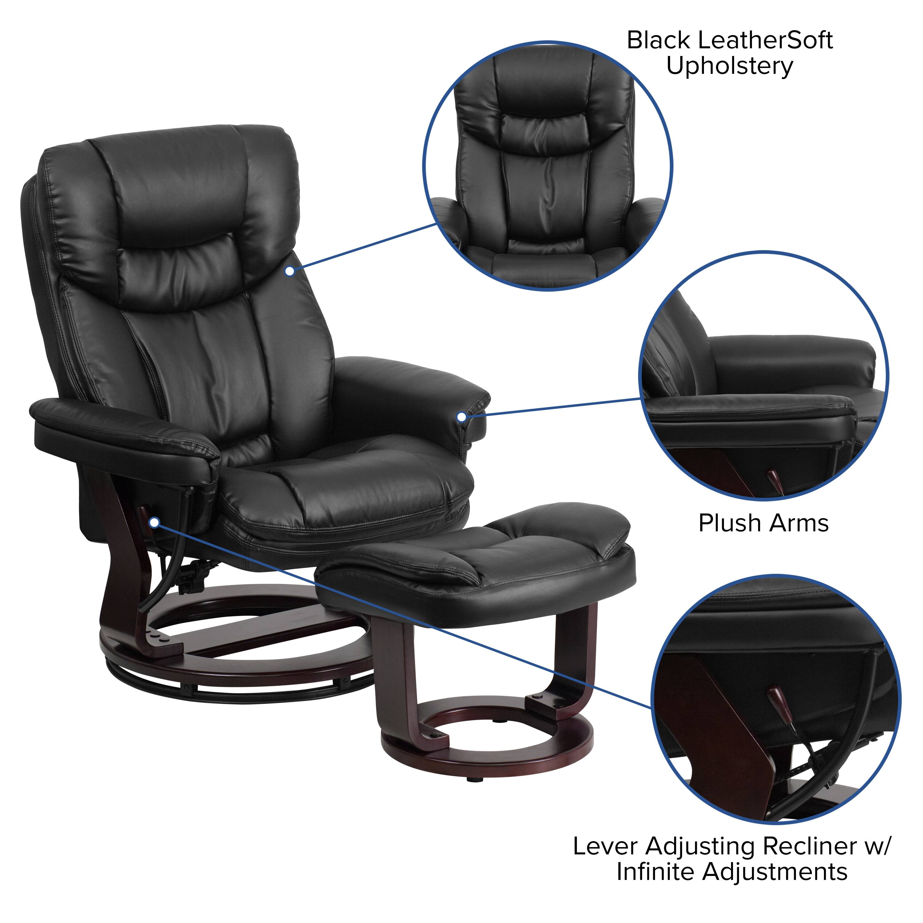Black Leather Soft Upholstery  
Plush Arms  
Lever Adjusting Recliner w/ Infinite Adjustments