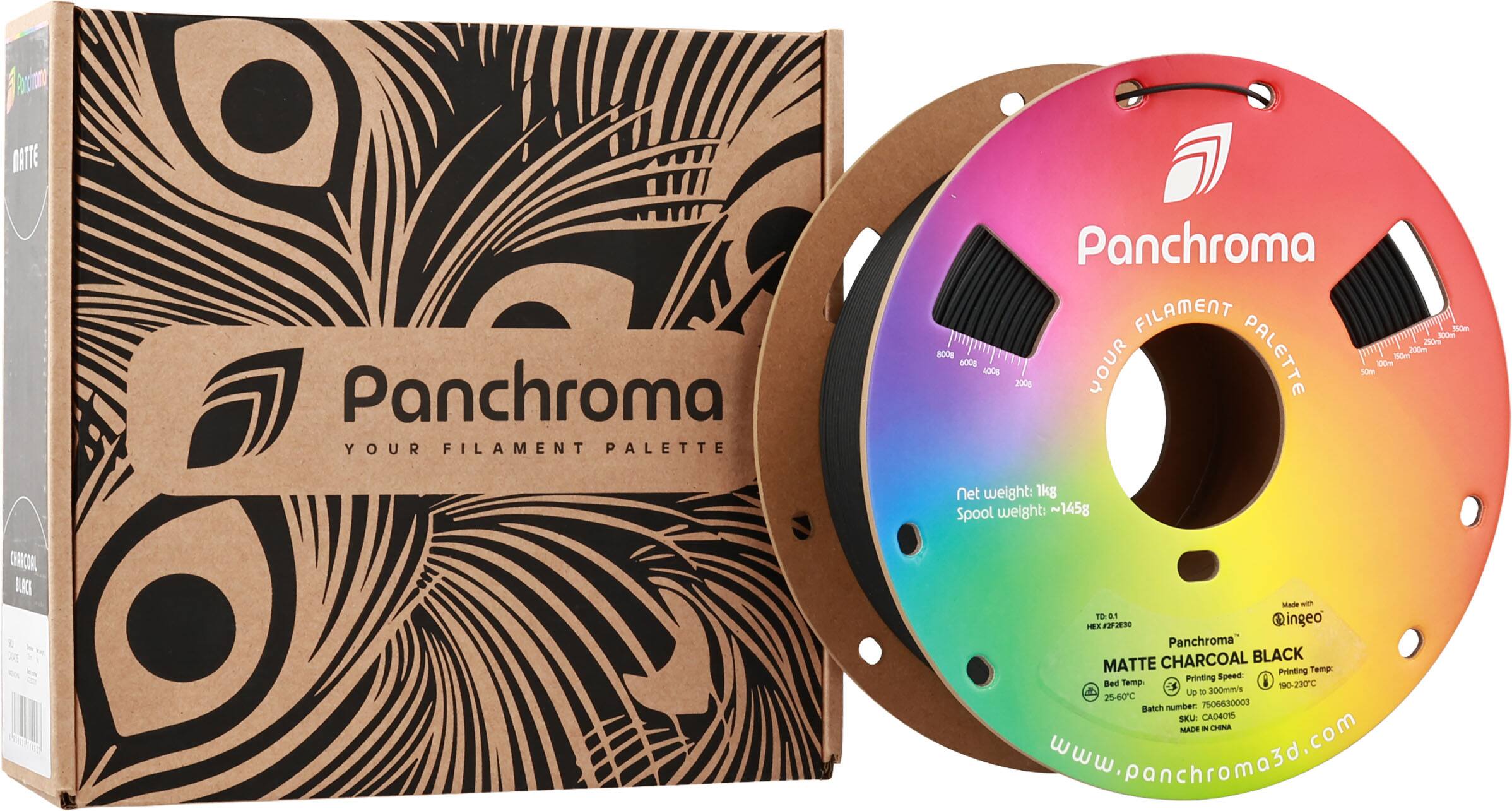 Panchroma YOUR FILAMENT PALETTE B006 a00g L00 Panchroma FILAMENT 150m 300m 250m PALETTE 200m 50m 100m 50m 2006 Net weight: 1kg Spool weight: ~145g Made with TD 31 HEX 230 Qingeo Panchroma MATTE CHARCOAL BLACK Printing Temp: 190-230C UP = 300mm/s 25-60C Bed Temp 3 190-230C UP = 300mm/s 25-60C Batch number 7506630003 SKU: CAO40T5 Made in China [www.panchromo5d.com](http://www.panchromo5d.com)