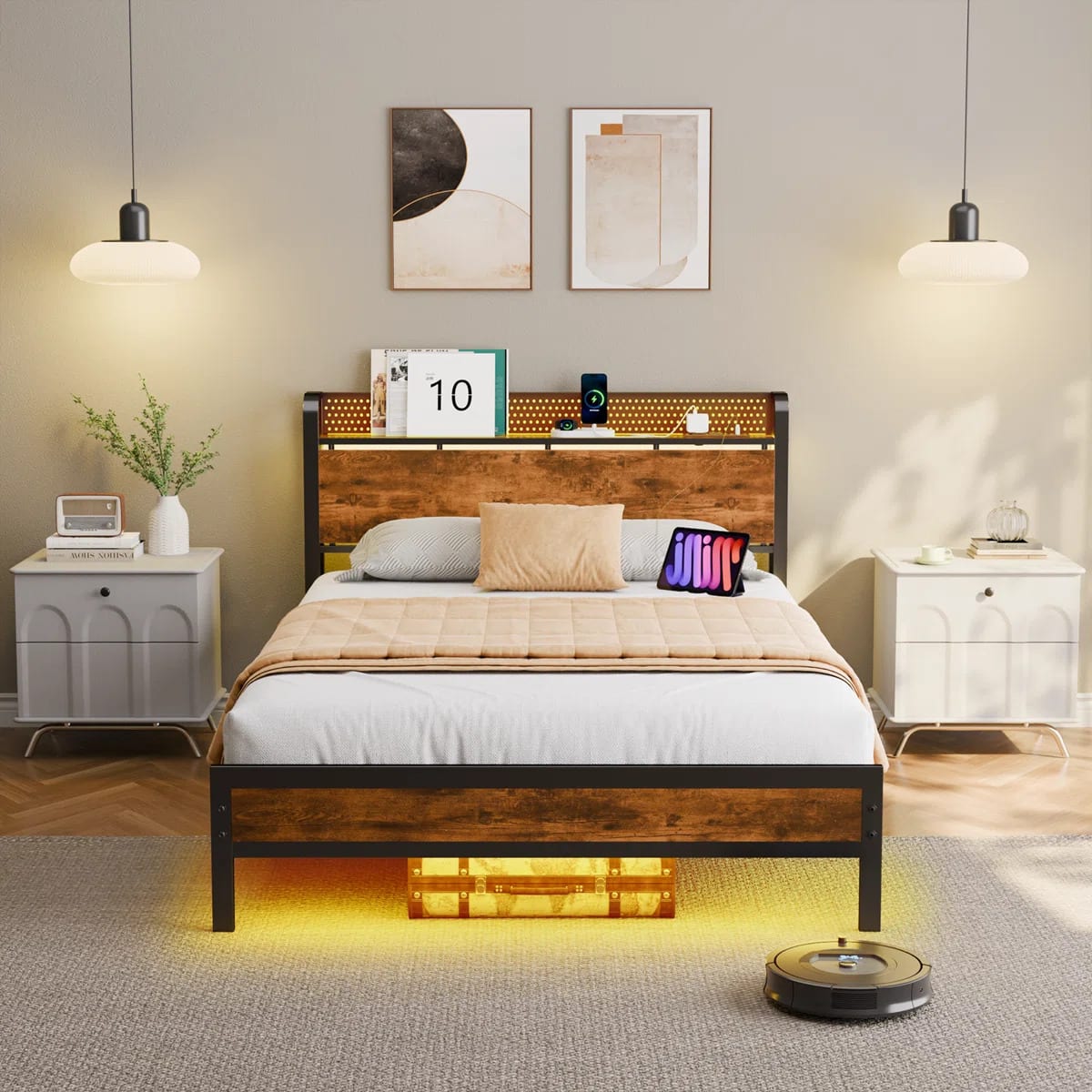 Furnulem - Bed Frame with Storage Headboard Metal Platform Bed Frame LED Lights and Charging Station - Brown