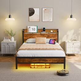 Furnulem - Bed Frame with Storage Headboard Metal Platform Bed Frame LED Lights and Charging Station - Brown