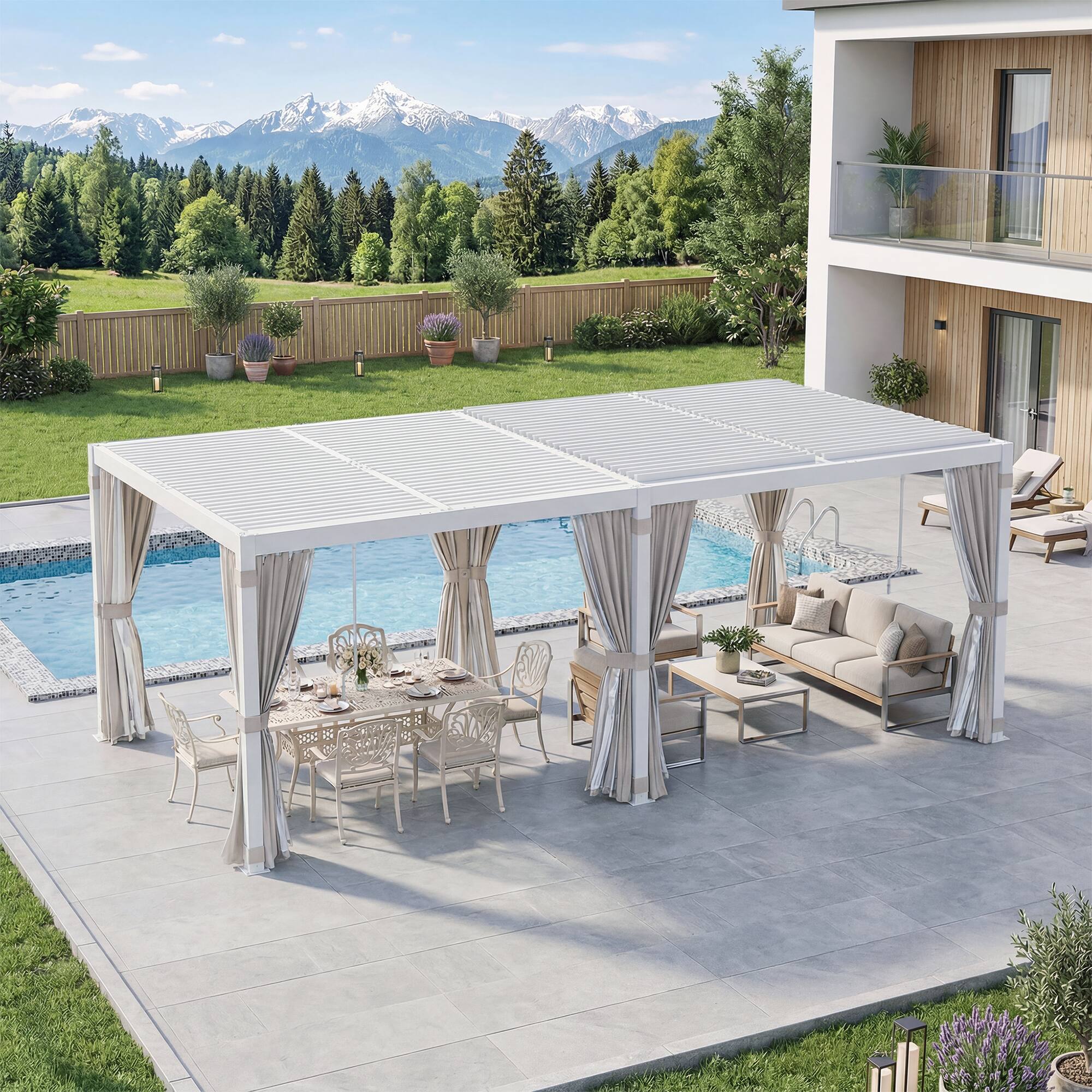 Left. U-HOMY - 12x20 Outdoor Pergola, Louvered Pergola with Adjustable Aluminum Rainproof Roof for Patio, Backyard, Pool party - White.