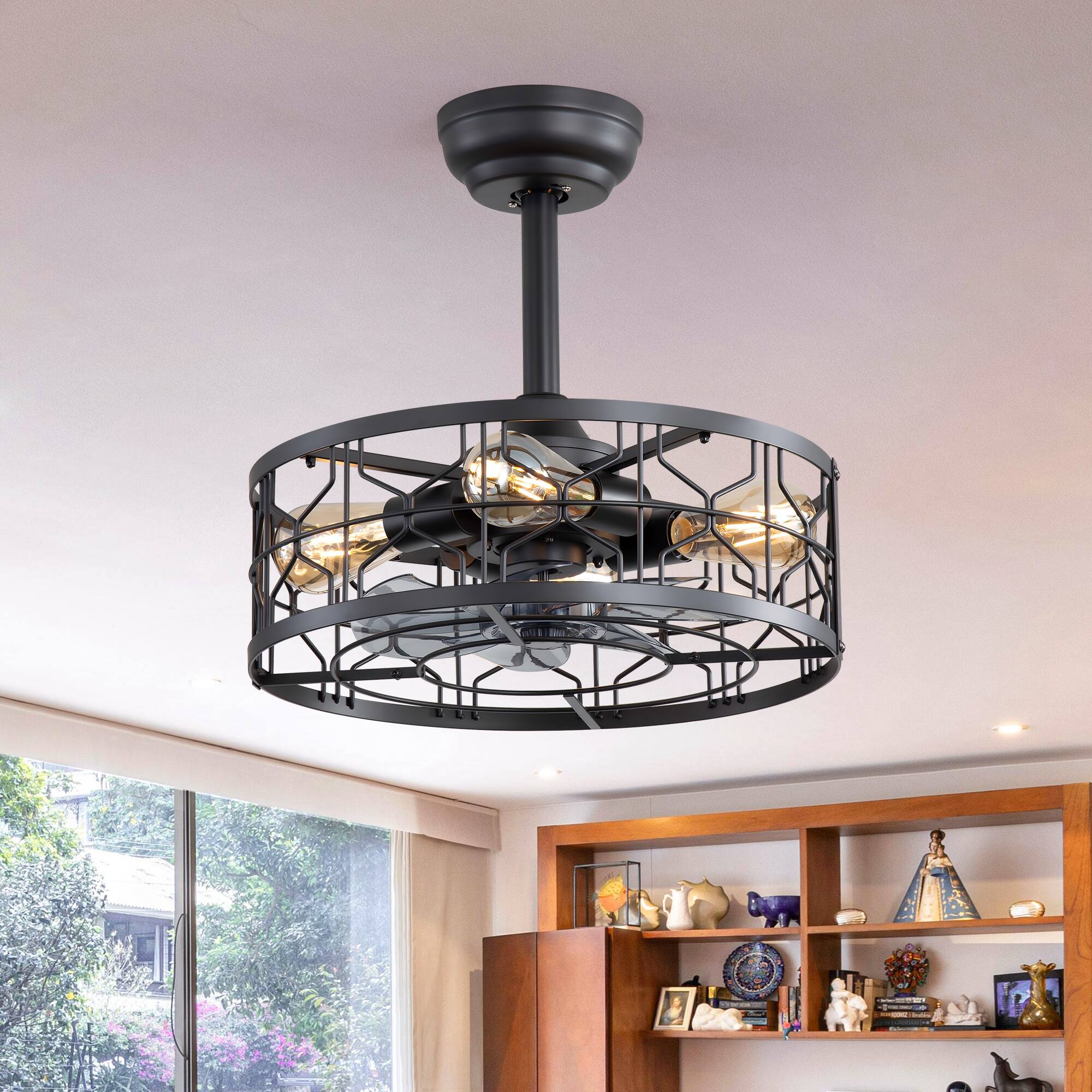 Back. Breezary - 20'' Small Caged Ceiling Fan with with Light Kit and Remote, KD Version, 7 ABS Blades, 6-Speed DC Motor, Timer - Matte Black.