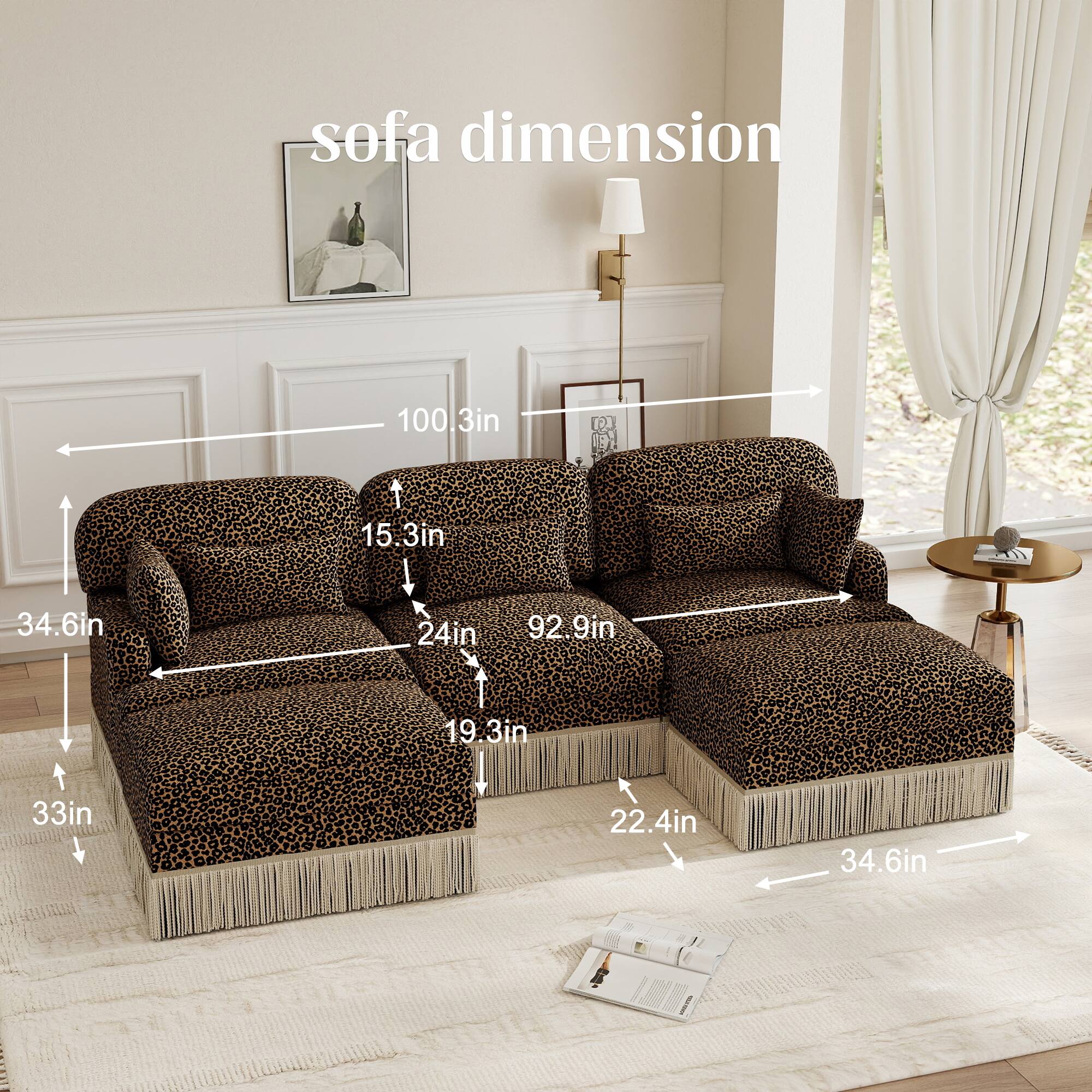sofa dimension  
100.3in x 34.6in x 33in x 15.3in x 24in x 19.3in x 92.9in x 22.4in x 34.6in