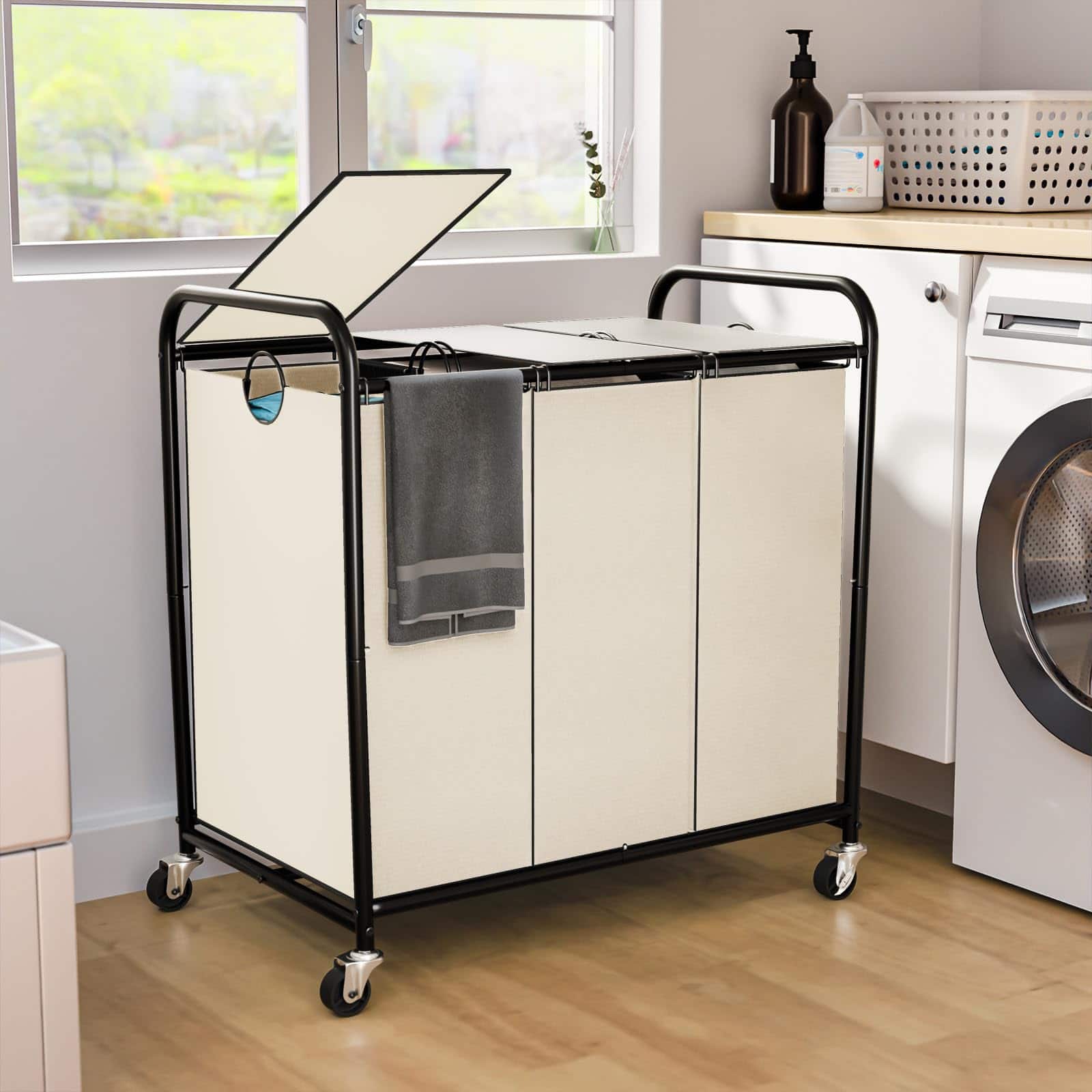 Front. JETRANSPORT - 180l (47.55 Gal) Laundry Sorter 3 Section Rolling Basket With Lockable Wheels And Lid Hamper 3 Separated - White-3Sec 47.55Gal.