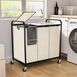 JETRANSPORT - 180l (47.55 Gal) Laundry Sorter 3 Section Rolling Basket With Lockable Wheels And Lid Hamper 3 Separated - White-3Sec 47.55Gal
