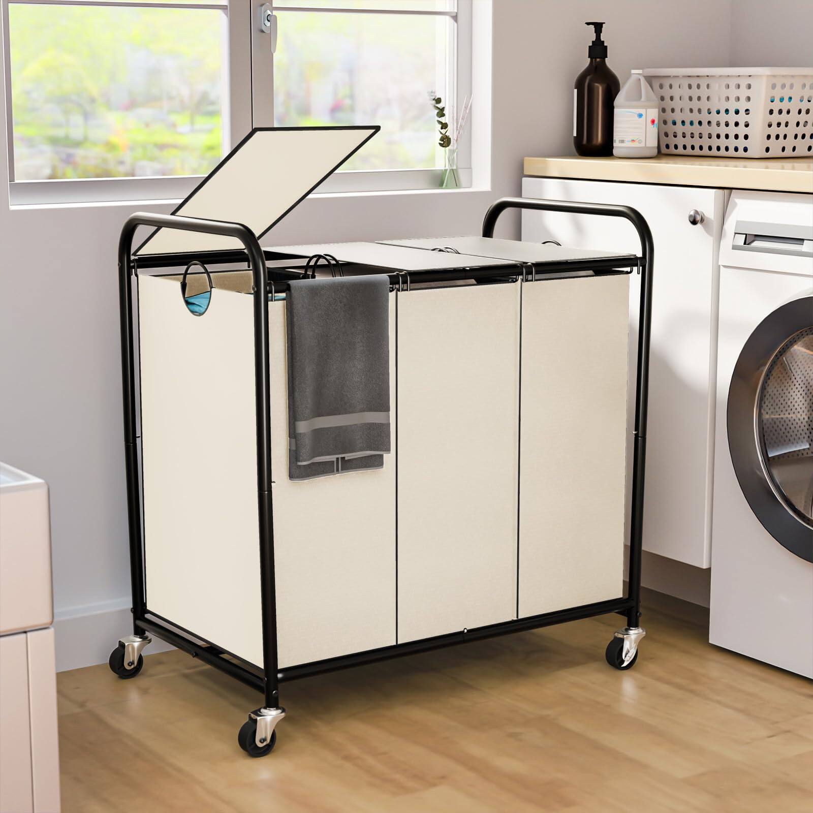 Front. JETRANSPORT - 180l (47.55 Gal) Laundry Sorter 3 Section Rolling Basket With Lockable Wheels And Lid Hamper 3 Separated - White-3Sec 47.55Gal.