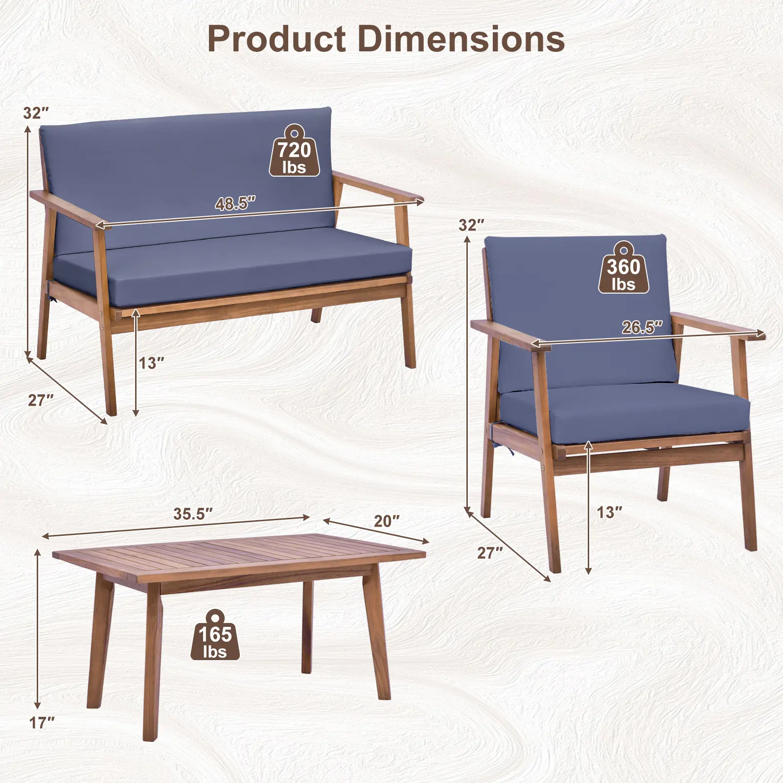 Product Dimensions:

1. 32" x 720 lbs
2. 48.5" x 32" x 360 lbs
3. 26.5" x 13" x 27" x 35.5"
4. 20" x 13" x 27" x 165 lbs
5. 17"
