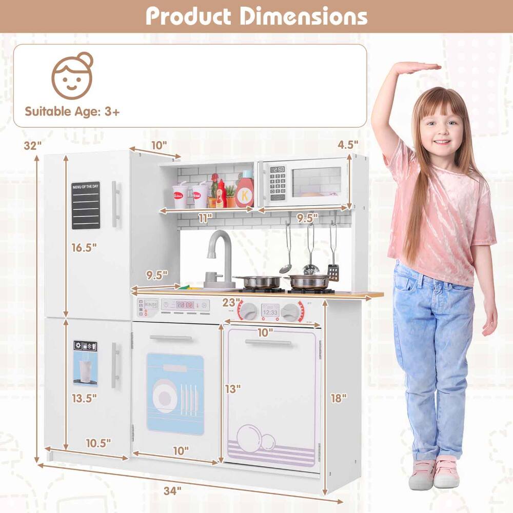 Product Dimensions

Suitable Age: 3+

- Height: 32"
- Width: 34"
- Depth: 16.5"
- Sink Area: 10" x 9.5"
- Microwave: 9.5" x 4.5"
- Oven: 18" x 13"
- Dishwasher: 10.5" x 10"
- Counter Height: 34"