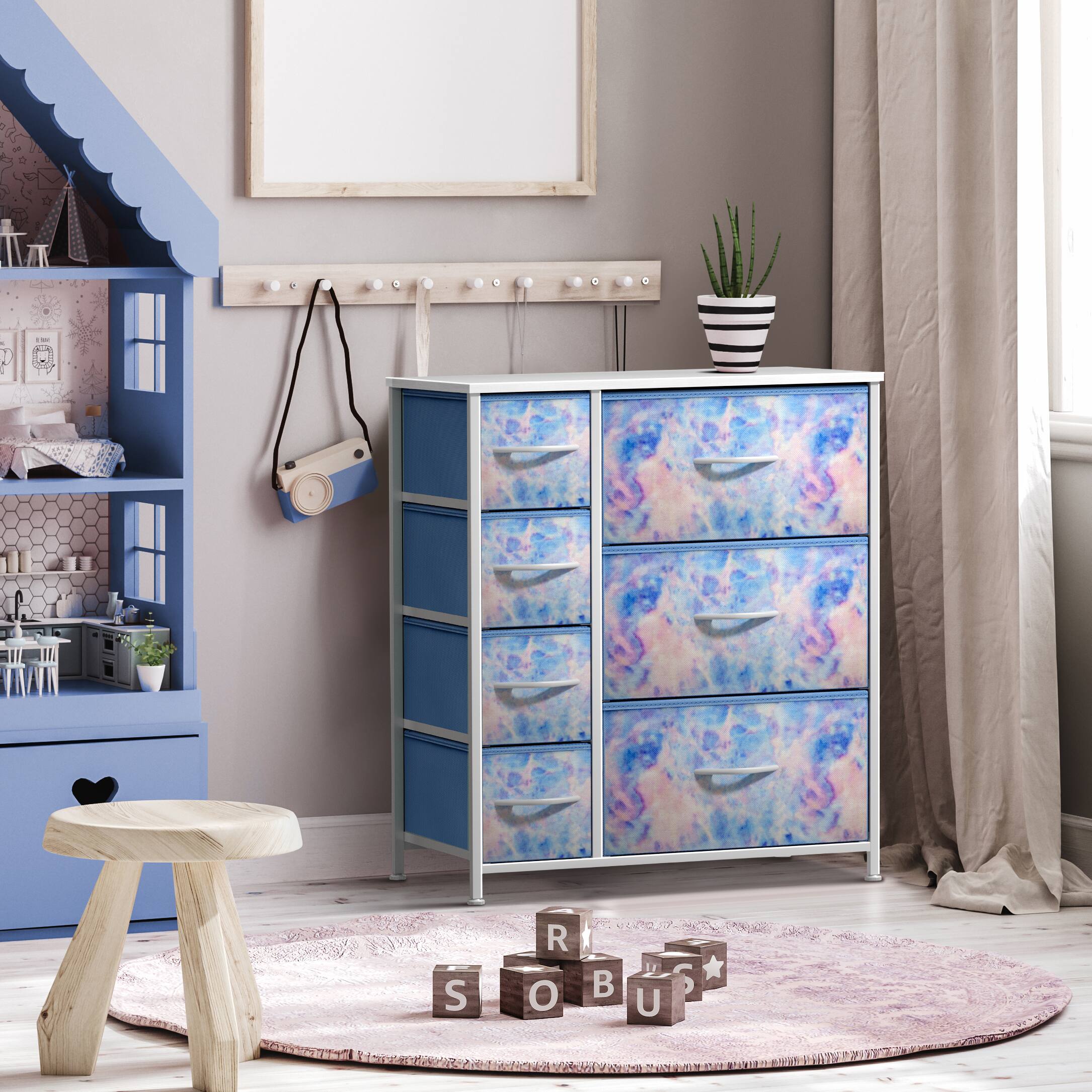 Angle. Sorbus - Sorbus Dresser with 7 Drawers - Storage Chest Organizer with Steel Frame, Wood Top, Handles, Fabric Bins - Tie dye blue.