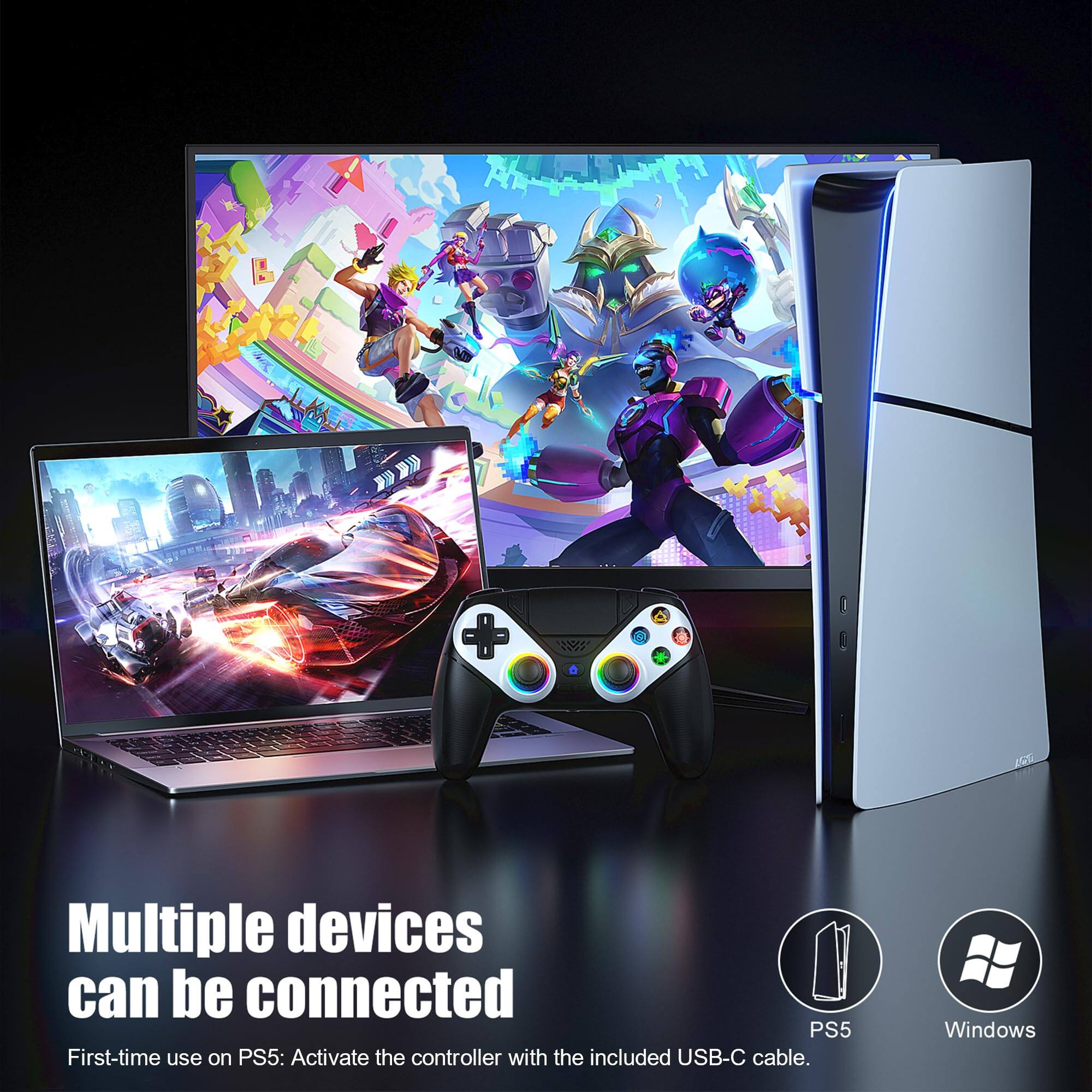 Multiple devices can be connected

First-time use on PS5: Activate the controller with the included USB-C cable.

PS5 Windows