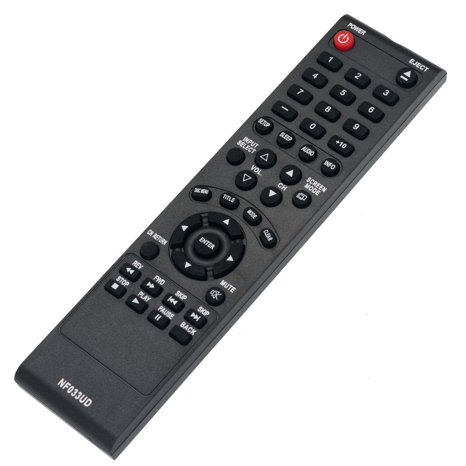 POWER 1 4 2 7 5 - 8 SETUP 0 9 INPUT SLEEP +10 AUDIO VOL. INFO D NEW CH SCREEN TITLE MODE CH CLEAR RETURN ENTER 44 REV STOP  FWD MUTE PLAY K4 SKIP  PAUSE N SKIP BACK 6 3 EJECT NF033UD