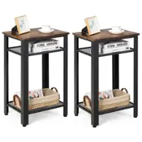 Costway Set of 2 3-Tier Industrial Tall Nightstand Side End Telephone Table w/ Shelves - Rustic Brown - Front_Zoom
