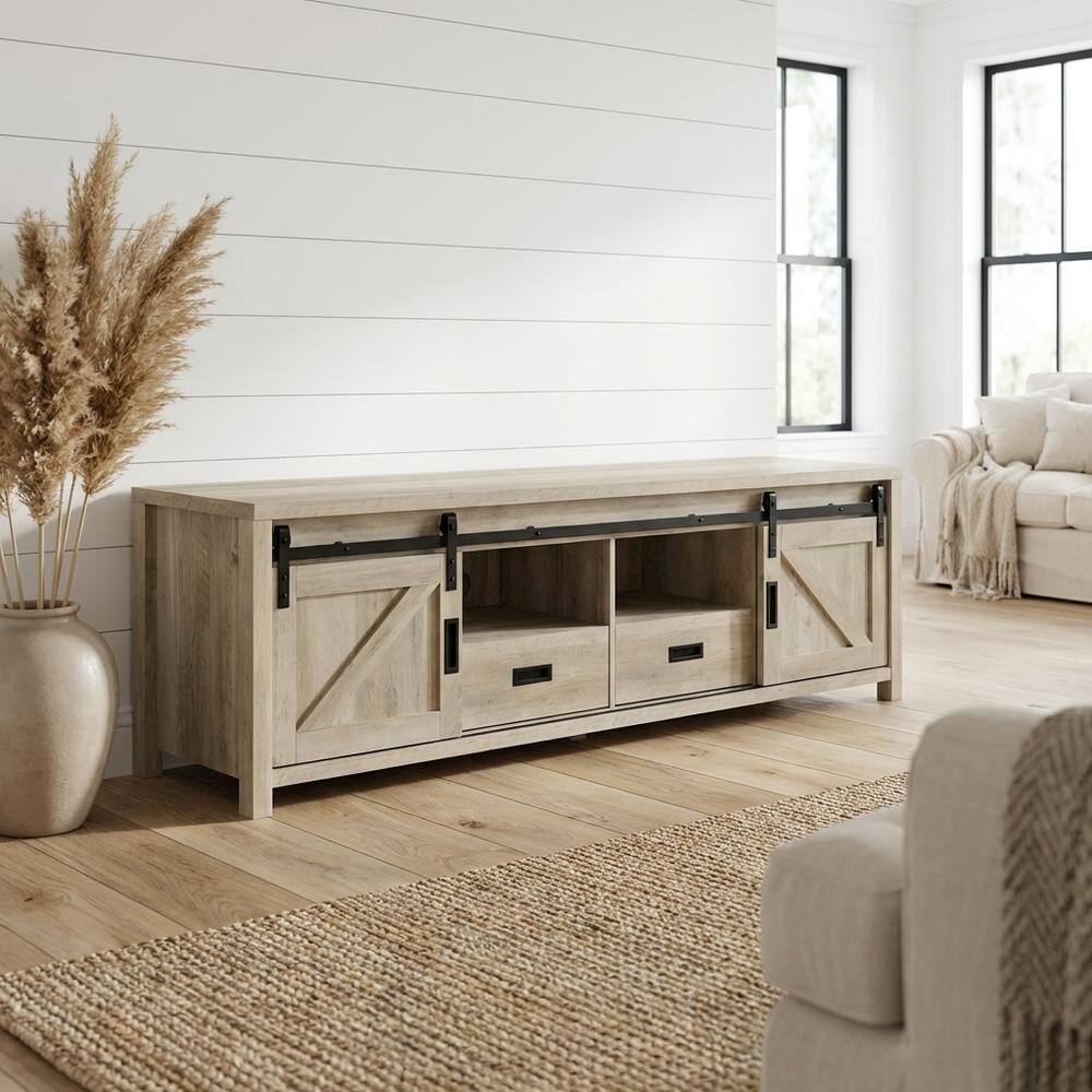 Alt View 1. FurniFact - Brown Wood 2-Door TV Stand with Farmhouse Design and Distressed Finish - Brown.