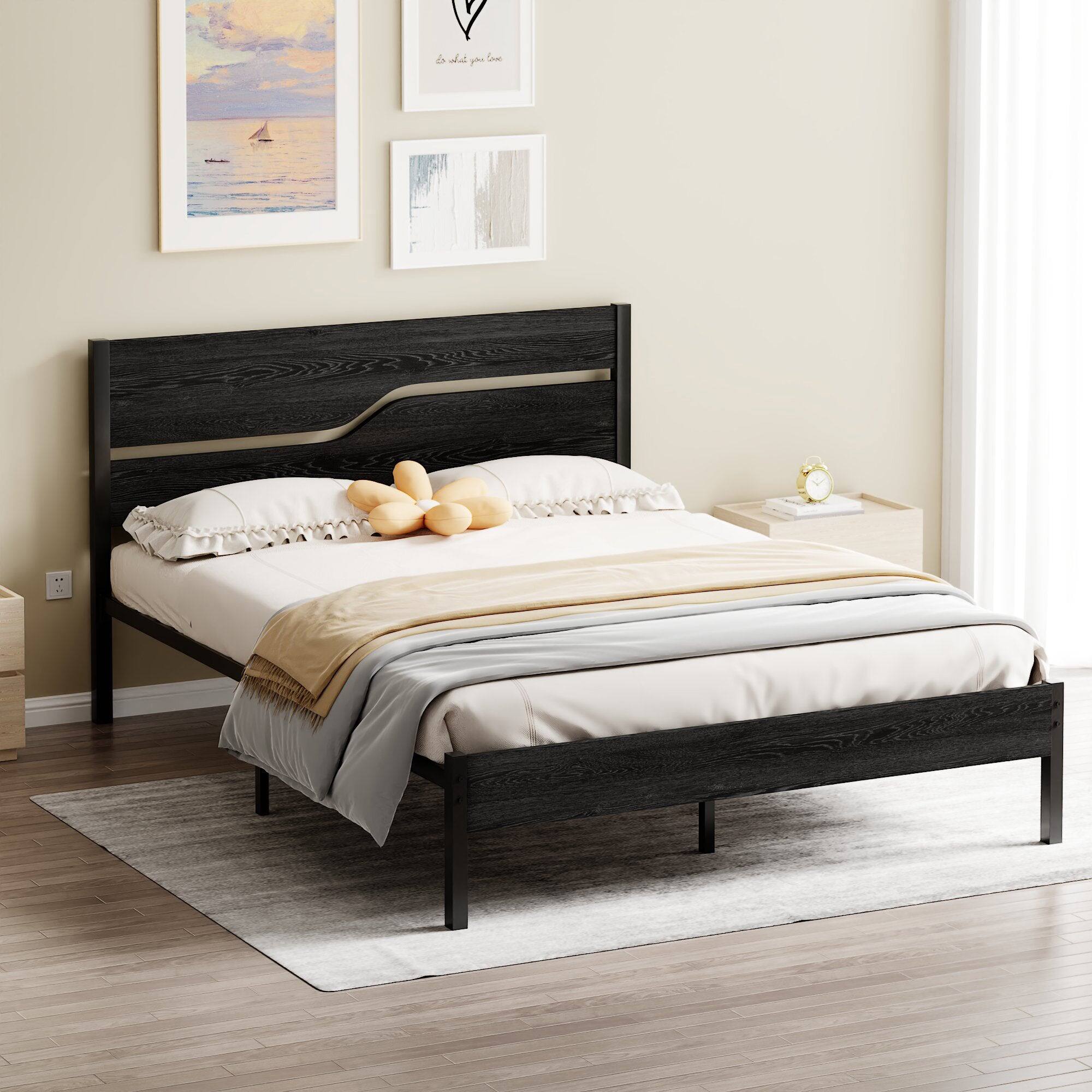 Left. Vecelo - Full Size Bed Frame with Wood Headboard, Heavy Duty Metal Platform with Storage, Noise-Free, No Box Spring Needed - Brown.