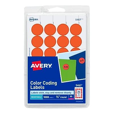 AVERY  
5467  
Color Coding Labels  
Labels stick, stay and remove cleanly  
REMOVABLE  
1008  
7/16" round  
24 mPoSe7OM  
A-M N-Z  
$4.67
