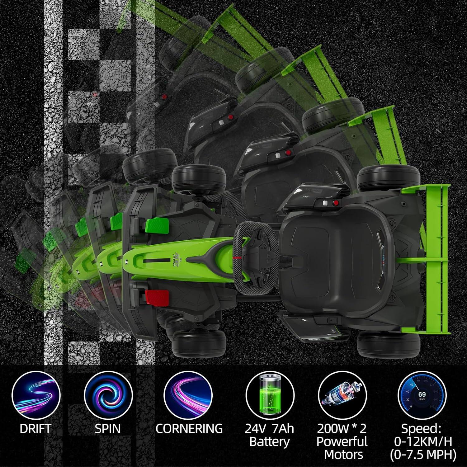 69 - DRIFT SPIN CORNERING  
24V 7Ah Battery  
200W * 2 Powerful Motors  
Speed: 0-12KM/H (0-7.5 MPH)