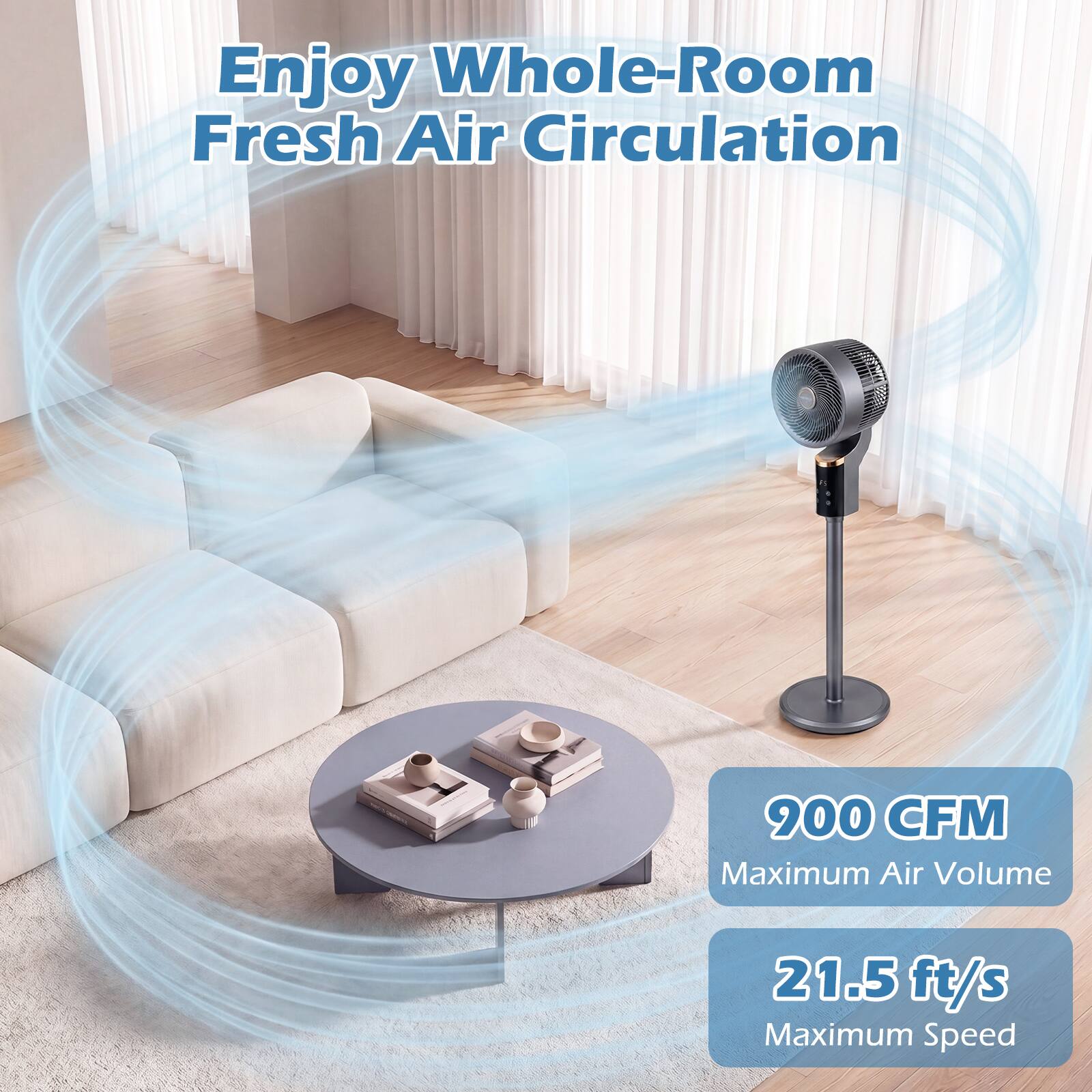 Enjoy Whole-Room Fresh Air Circulation  
900 CFM Maximum Air Volume  
21.5 ft/s Maximum Speed