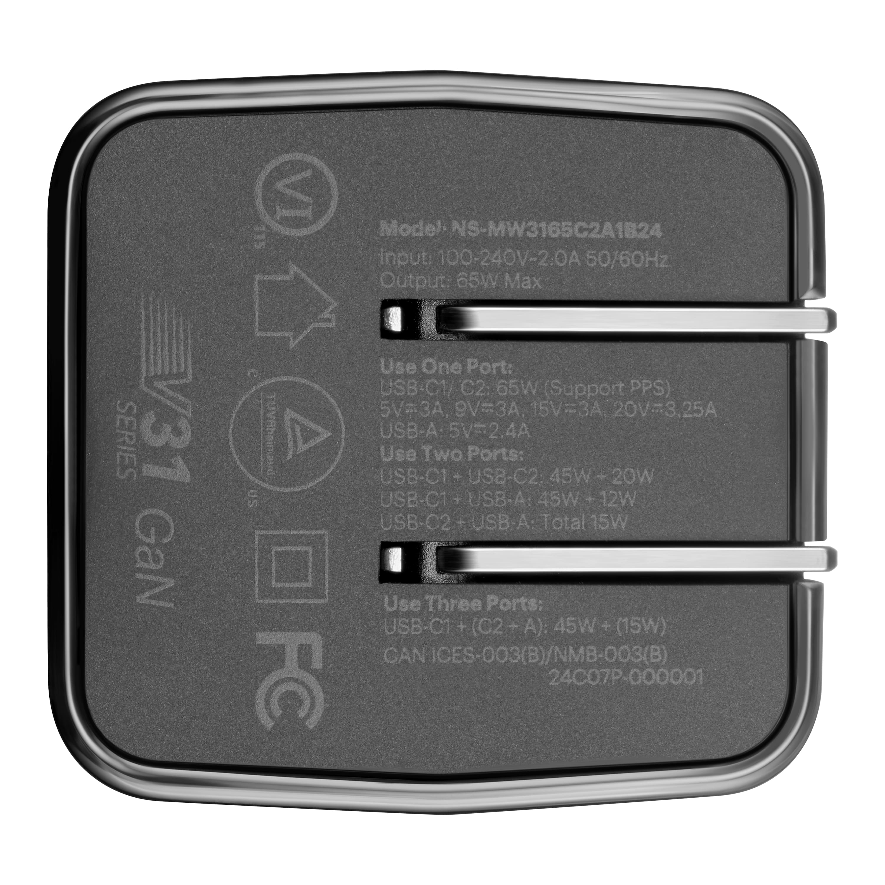 The text on the image reads:
Use One Port: USB-C1/C2: 65W (Support PPS) 5V=3A 9V=3A 15V=3A. 20V-3.25A USB-A 5V=2.4A
Use Two Ports: USB-C1 - USB-C2: 45W 20W USB-C1 + USB-A: 45W 12W USB-C2TUSB A: Total 15W
Use Three Ports: USB-CT + (C2 A): 45W + (15W) CAN ICES-003(B)/NMB-003(B) 24C07P-000001
The corrected text is:
Use One Port: USB-C1/C2: 65W (Support PPS) 5V=3A 9V=3A 15V=3A. 20V-3.25A USB-A 5V=2.4A
Use Two Ports: USB-C1 - USB-C2: 45W 20W USB-C1 + USB-A: 45W 12W USB-C2: Total 15W
Use Three Ports: USB-CT + (C2 A): 45W + (15W) CAN ICES-003(B)/NMB-003(B) 24C07P-000001