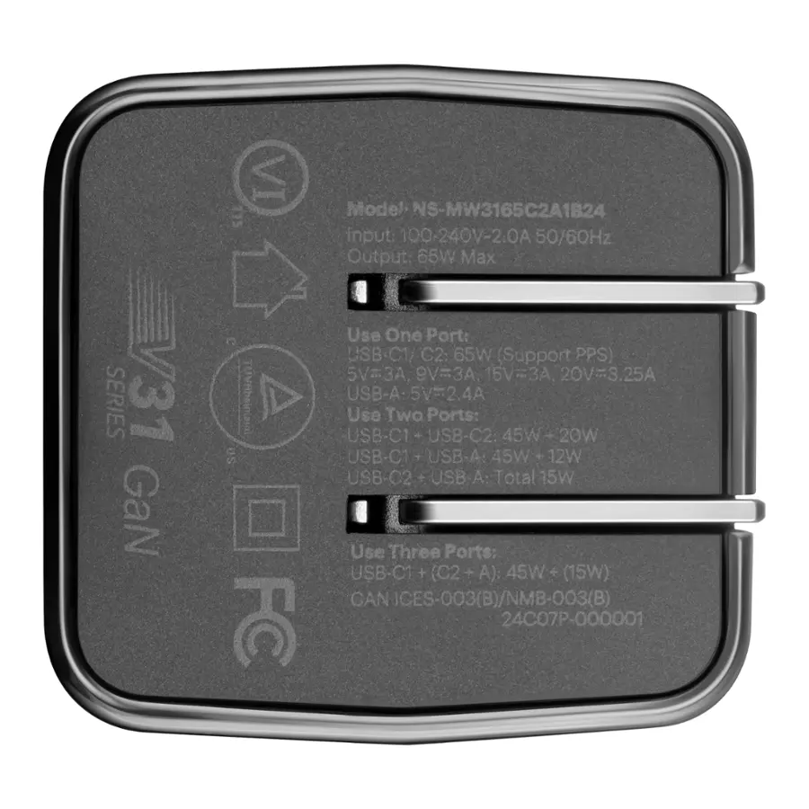 The text on the image reads:

Use One Port: USB-C1/C2: 65W (Support PPS) 5V=3A 9V=3A 15V=3A. 20V-3.25A USB-A 5V=2.4A

Use Two Ports: USB-C1 - USB-C2: 45W 20W USB-C1 + USB-A: 45W 12W USB-C2TUSB A: Total 15W

Use Three Ports: USB-CT + (C2 A): 45W + (15W) CAN ICES-003(B)/NMB-003(B) 24C07P-000001

The corrected text is:

Use One Port: USB-C1/C2: 65W (Support PPS) 5V=3A 9V=3A 15V=3A. 20V-3.25A USB-A 5V=2.4A

Use Two Ports: USB-C1 - USB-C2: 45W 20W USB-C1 + USB-A: 45W 12W USB-C2: Total 15W

Use Three Ports: USB-CT + (C2 A): 45W + (15W) CAN ICES-003(B)/NMB-003(B) 24C07P-000001