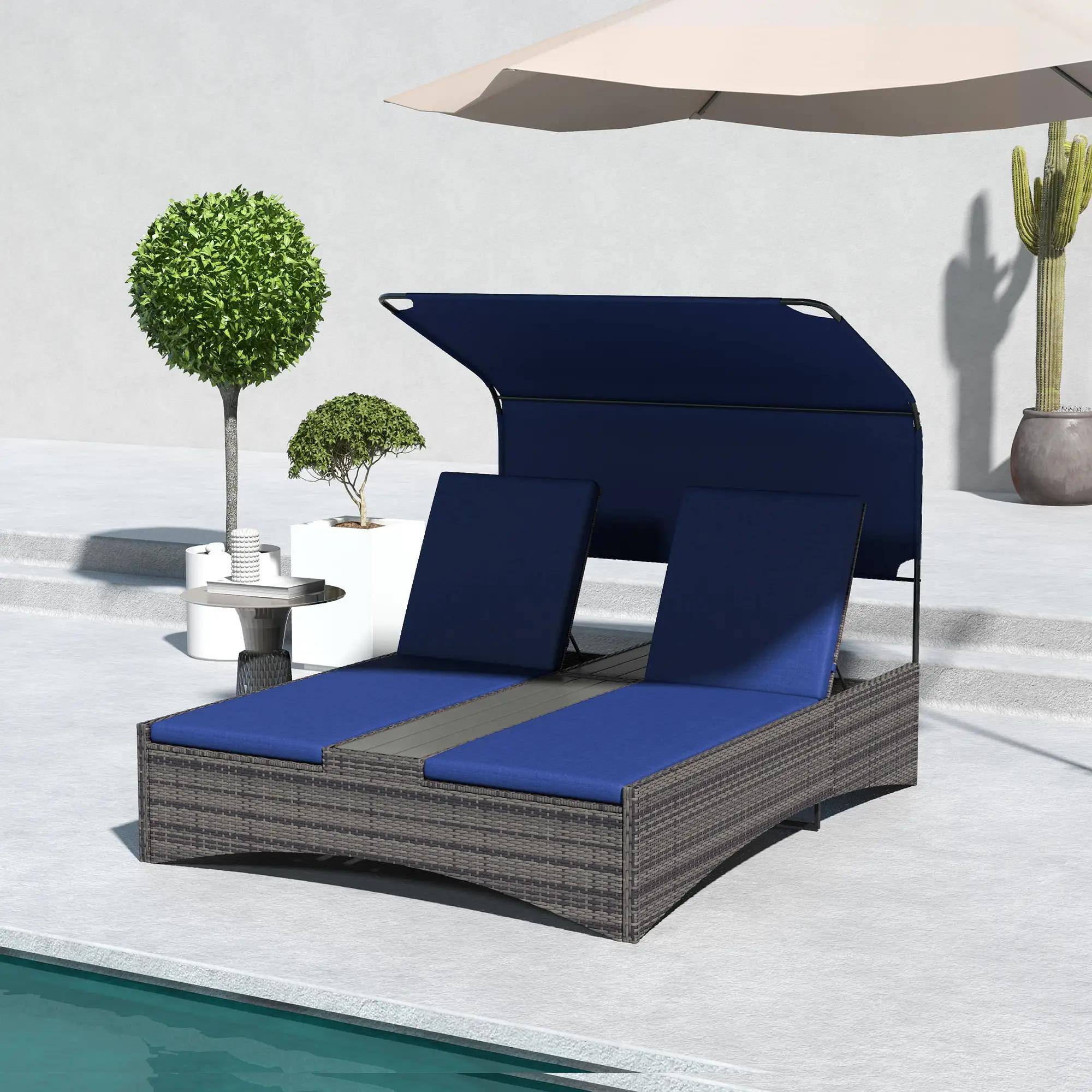 Left. Resenkos - Resenkos Outdoor Elegance PE Rattan Double Chaise Lounge, Reclining Daybed With Canopy, Dark Blue - Dark Blue.