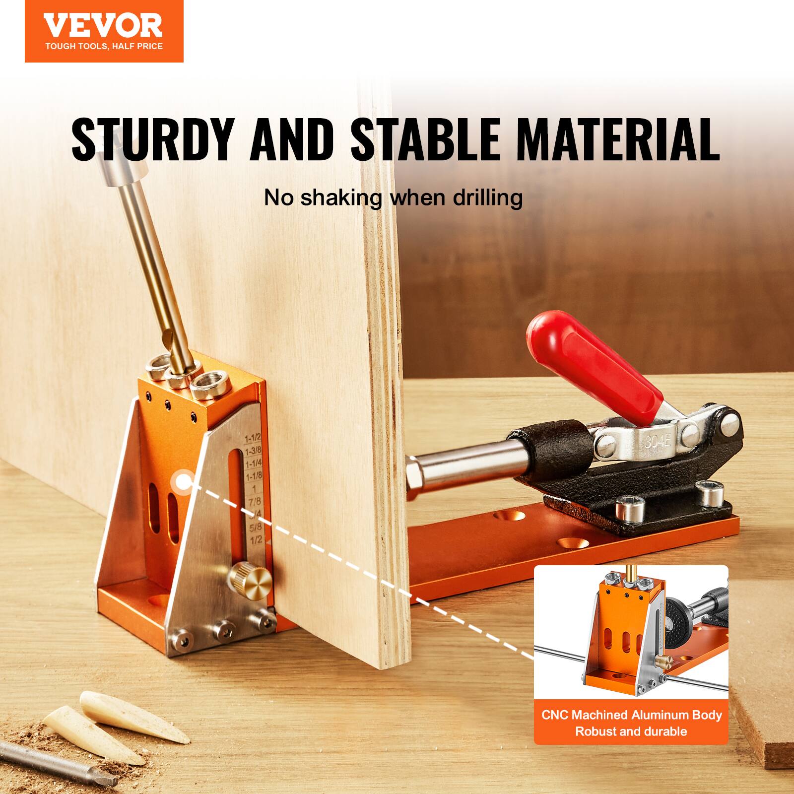 VEVOR  
TOUGH TOOLS, HALF PRICE  

STURDY AND STABLE MATERIAL  
No shaking when drilling  

CNC Machined Aluminum Body  
Robust and durable