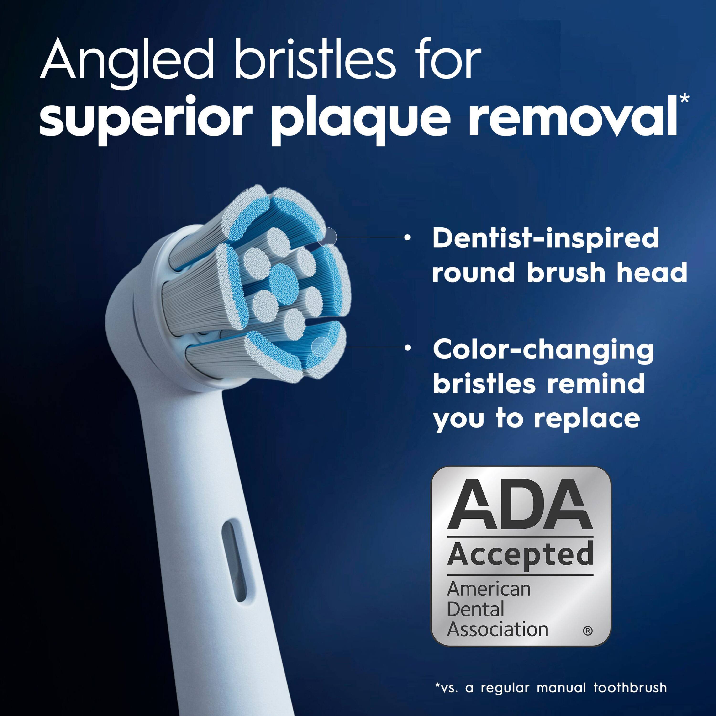 Angled bristles for superior plaque removal*  
Dentist-inspired round brush head  
Color-changing bristles remind you to replace  

ADA Accepted  
American Dental Association  

*vs. a regular manual toothbrush