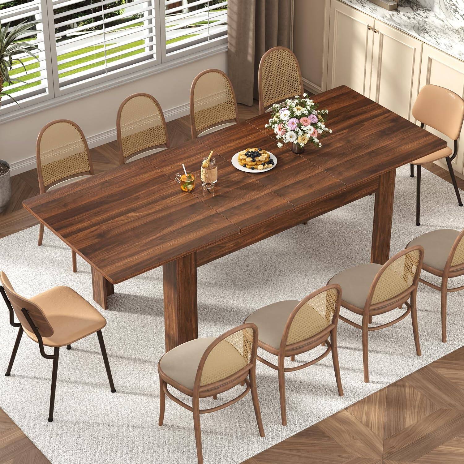 Alt View 3. Espafurni - 59"-86" Extendable Wood Dining Table – Seats 6-10, Wooden Kitchen Table - Walnut.