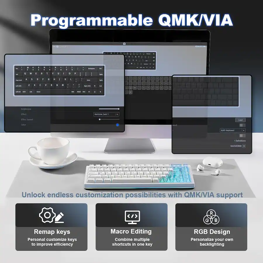 Wikistore AL65 Wireless Mechanical Keyboard, Full Aluminum ,Support QMK ...