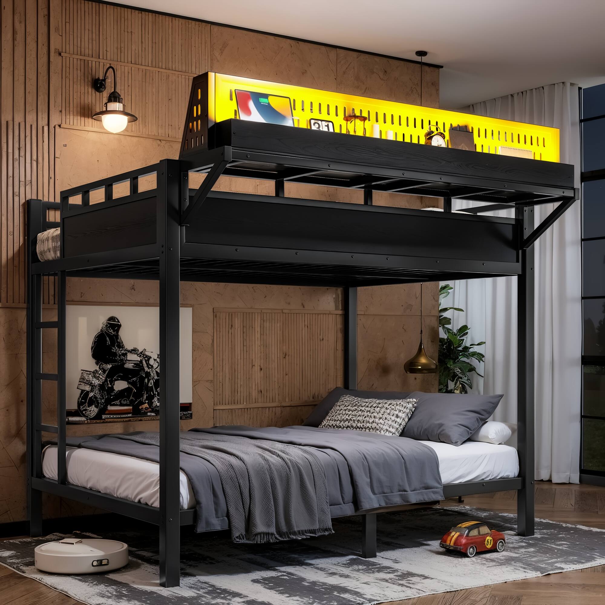 Alt View 1. Boyel Living - Full over Full Size Metal Bunk Bed with Storage Shelves and Pegboard Bunk Bed Frame - Black.