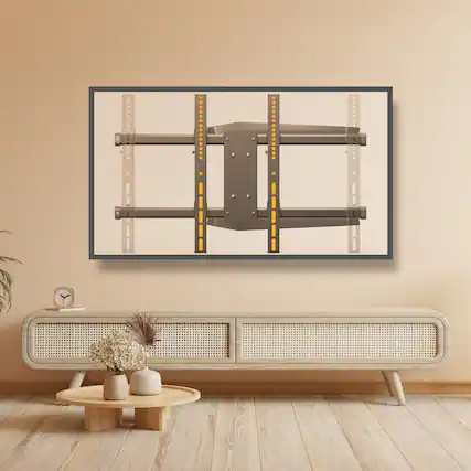 The image does not contain any text to group or correct. It shows a framed picture of a metal structure on a wall, with a bench and a small table below it.