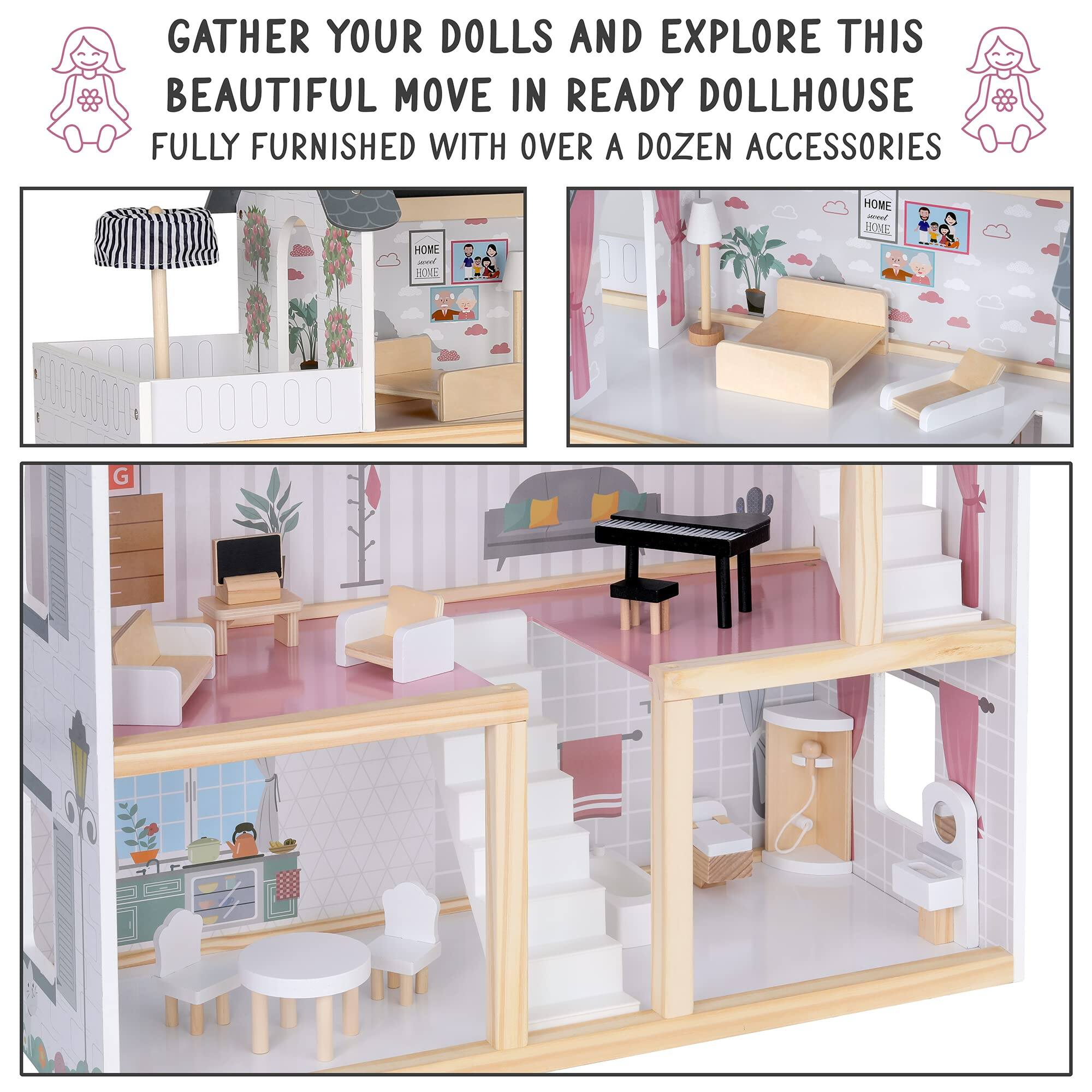 GATHER YOUR DOLLS AND EXPLORE THIS BEAUTIFUL MOVE IN READY DOLLHOUSE FULLY FURNISHED WITH OVER A DOZEN ACCESSORIES